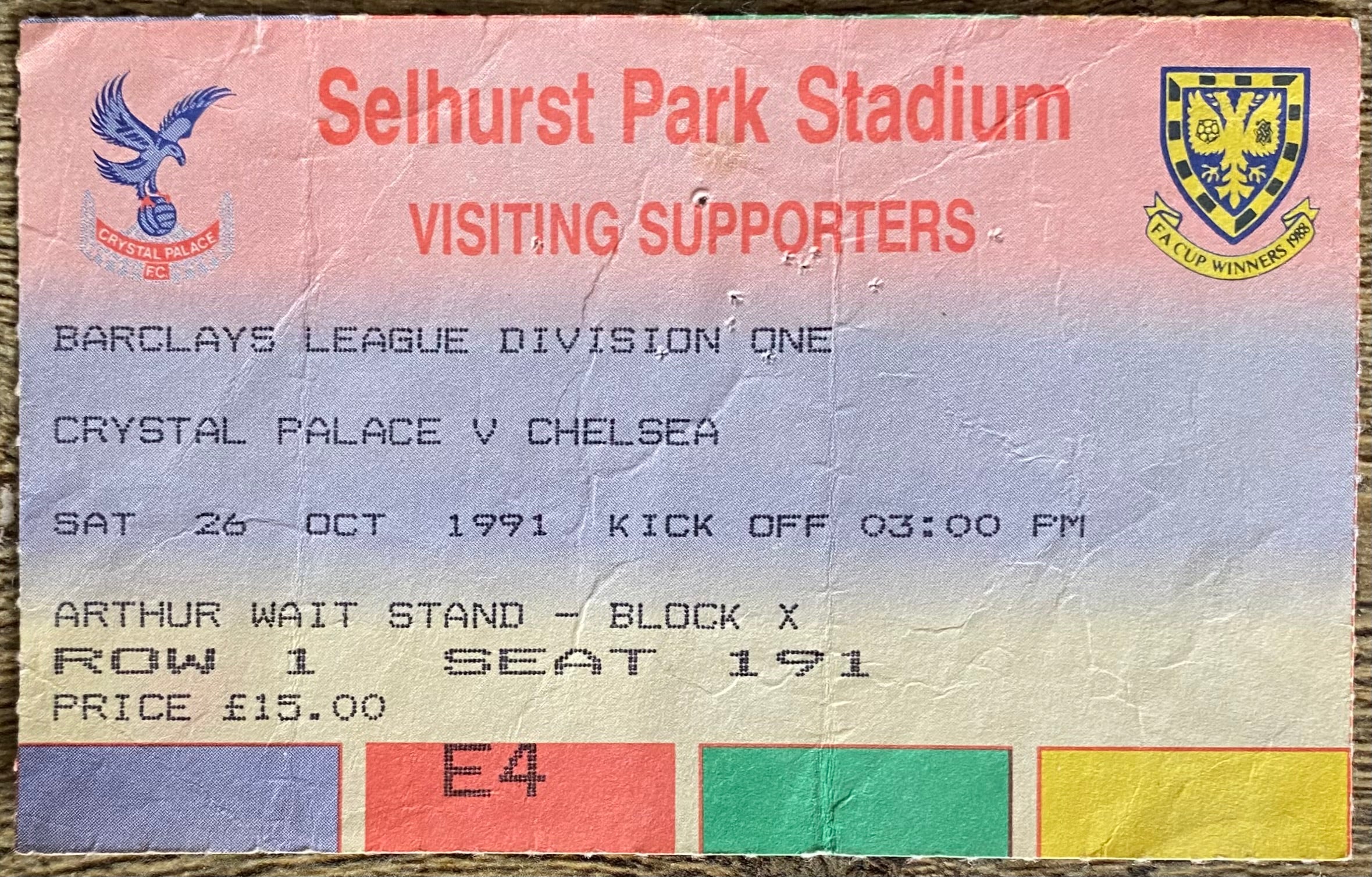 1991/92 ORIGINAL DIVISION 1 TICKET CRYSTAL PALACE V CHELSEA
