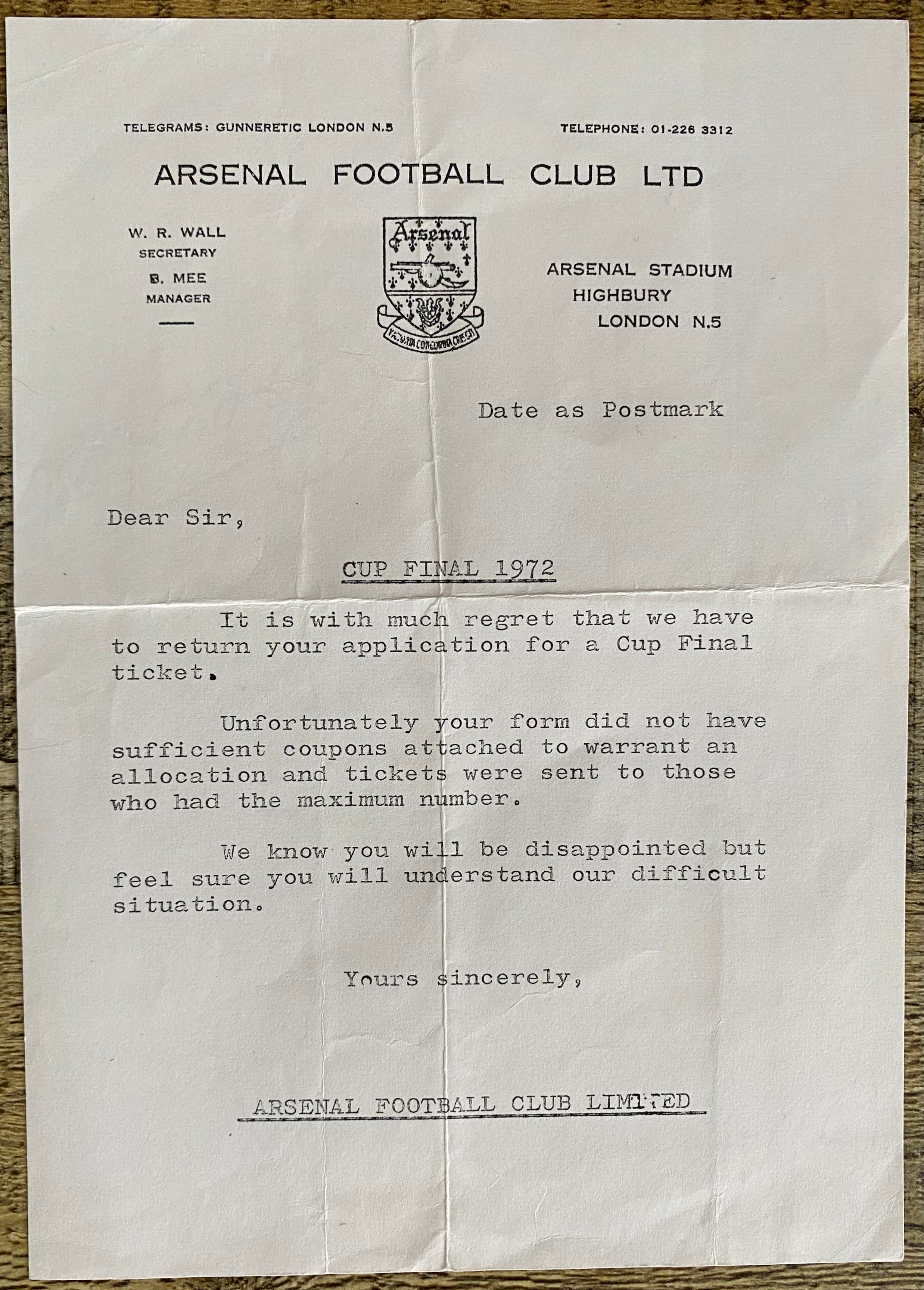 1972 ORIGINAL OFFICIAL LETTER FROM ARSENAL REGUARDING FA CUP FINAL TICKET V LEEDS UNITED