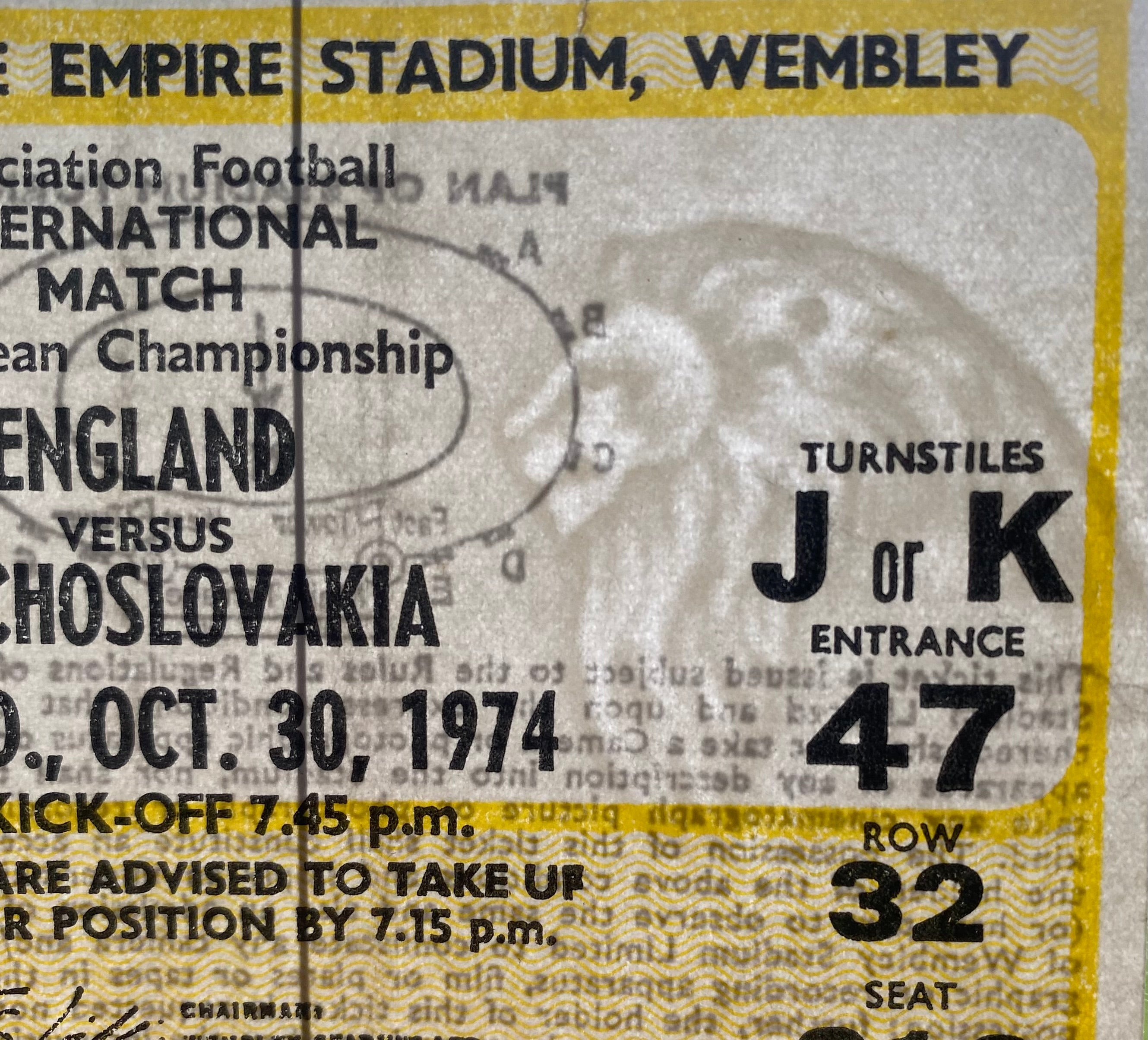 1974 ORIGINAL EUROPEAN CHAMPIONSHIPS QUALIFYING TICKET ENGLAND V CZECHOSLOVAKIA