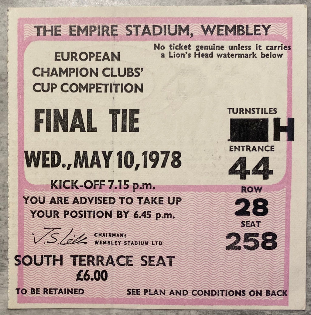 1978 ORIGINAL EUROPEAN CUP FINAL TICKET LIVERPOOL V FC BRUGES @ WEMBLEY