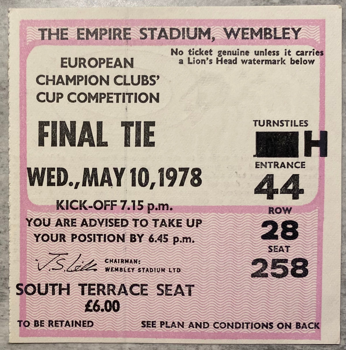 1978 ORIGINAL EUROPEAN CUP FINAL TICKET LIVERPOOL V FC BRUGES @ WEMBLEY