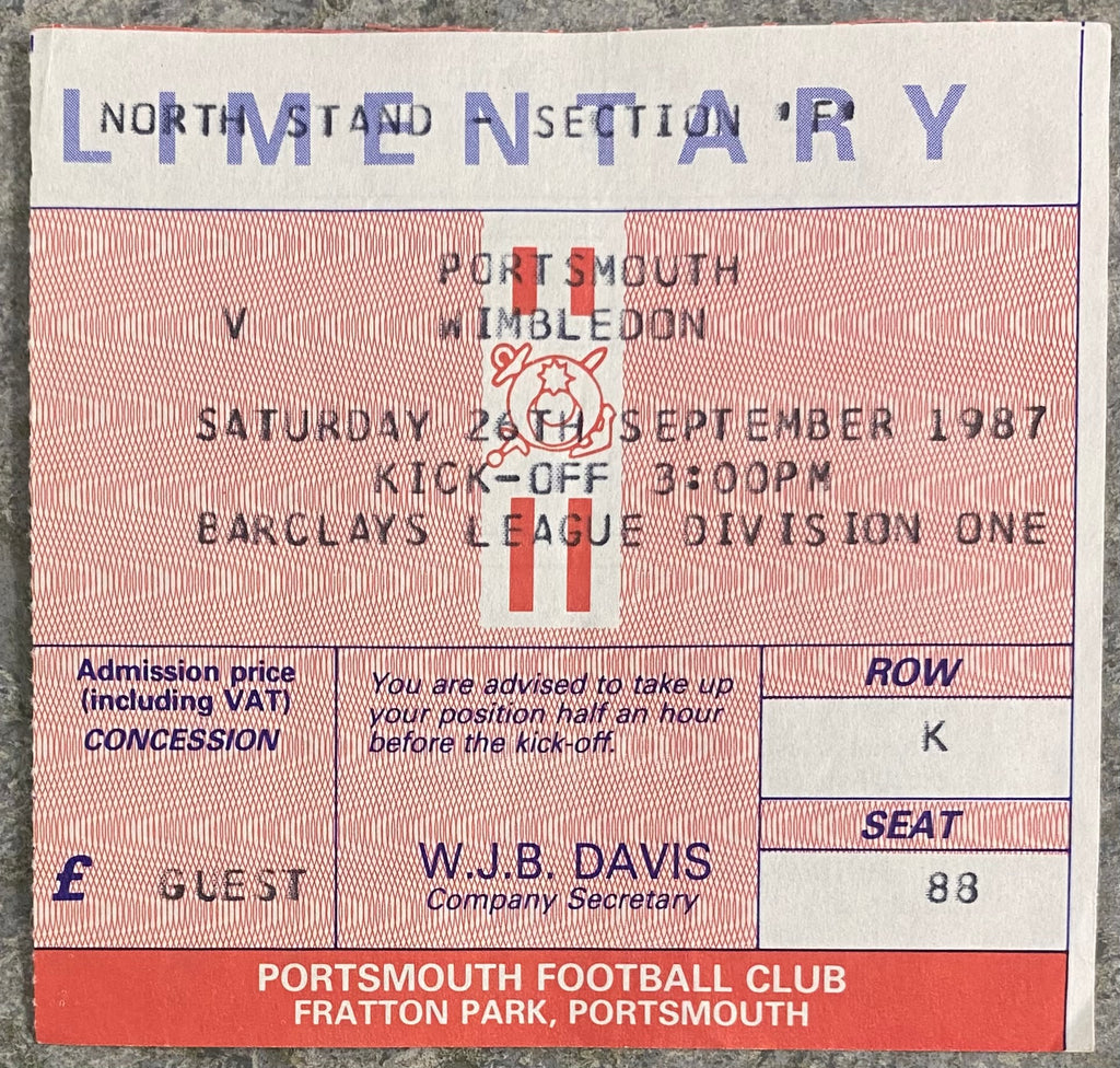 1987/88 ORIGINAL DIVISION 1 TICKET PORTSMOUTH V WIMBLEDON