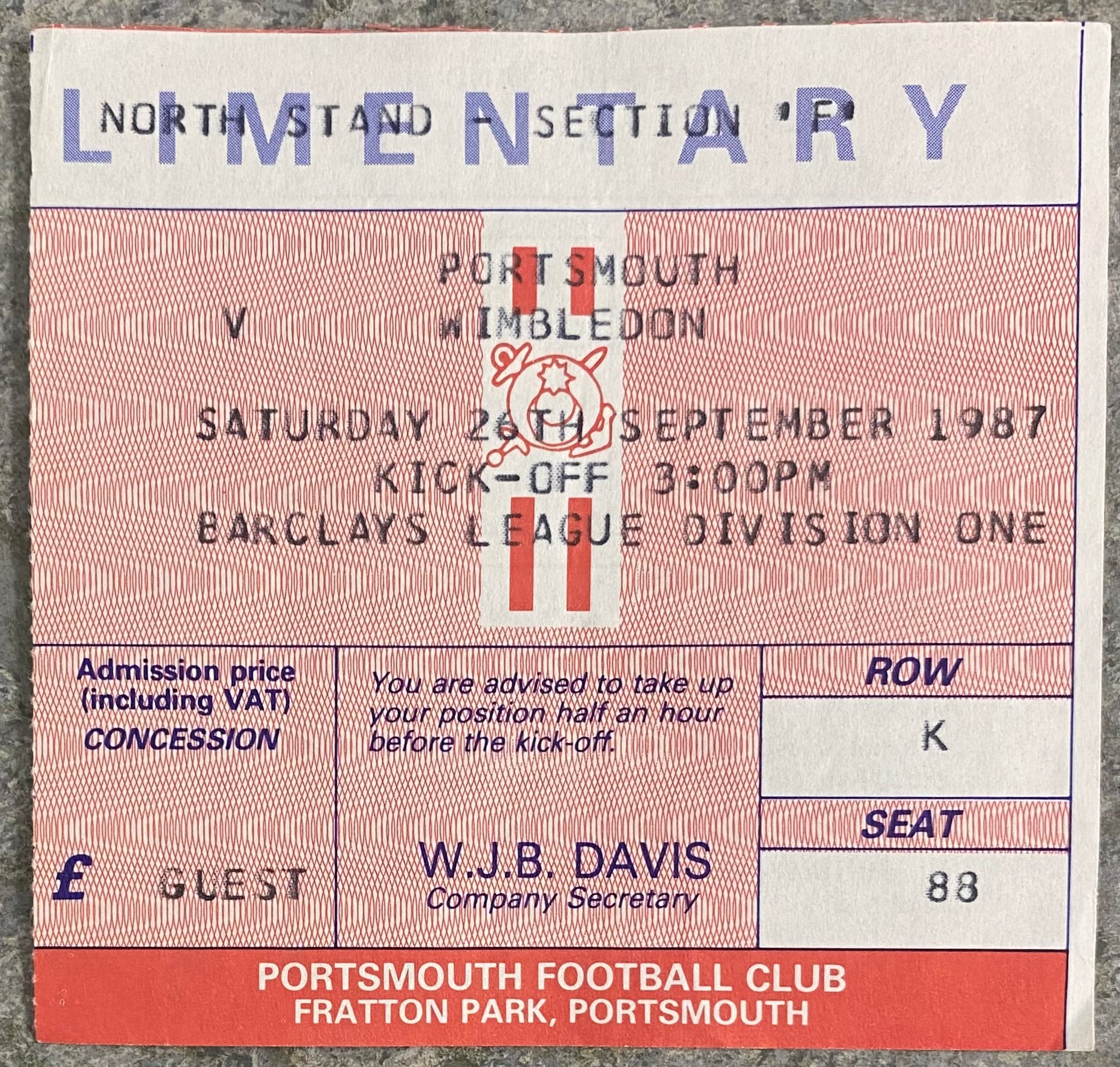 1987/88 ORIGINAL DIVISION 1 TICKET PORTSMOUTH V WIMBLEDON