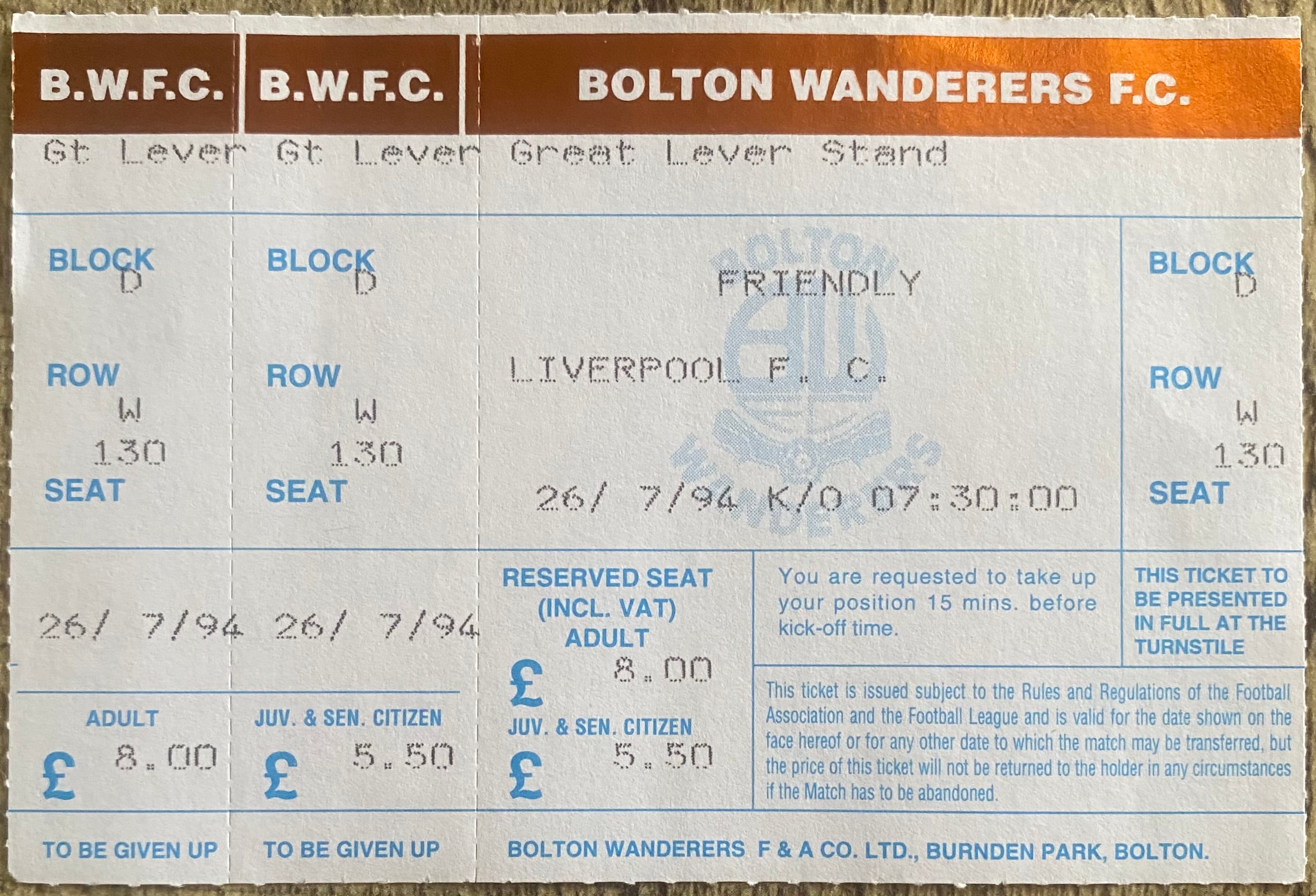 1994 ORIGINAL UNUSED FRIENDLY TICKET BOLTON WANDERERS V LIVERPOOL