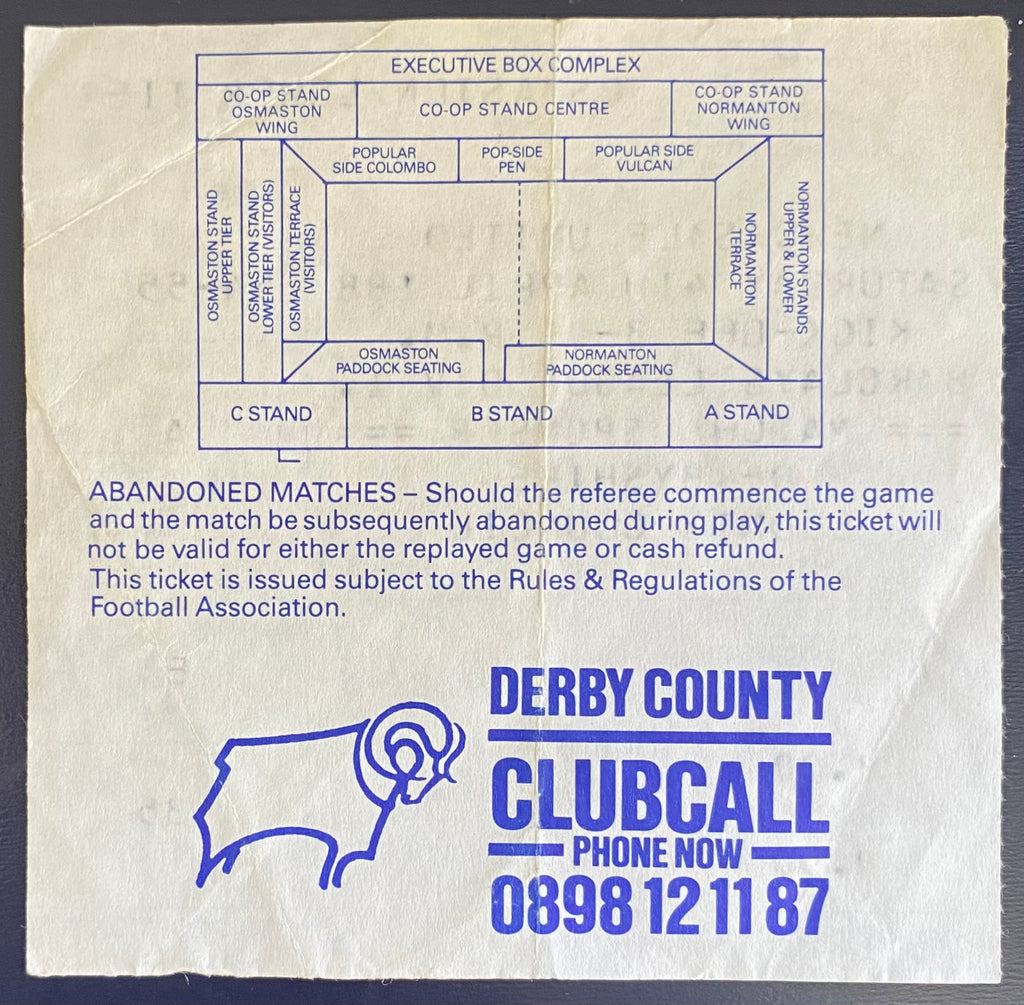 1987/88 ORIGINAL DIVISION 1 TICKET DERBY COUNTY V NEWCASTLE UNITED
