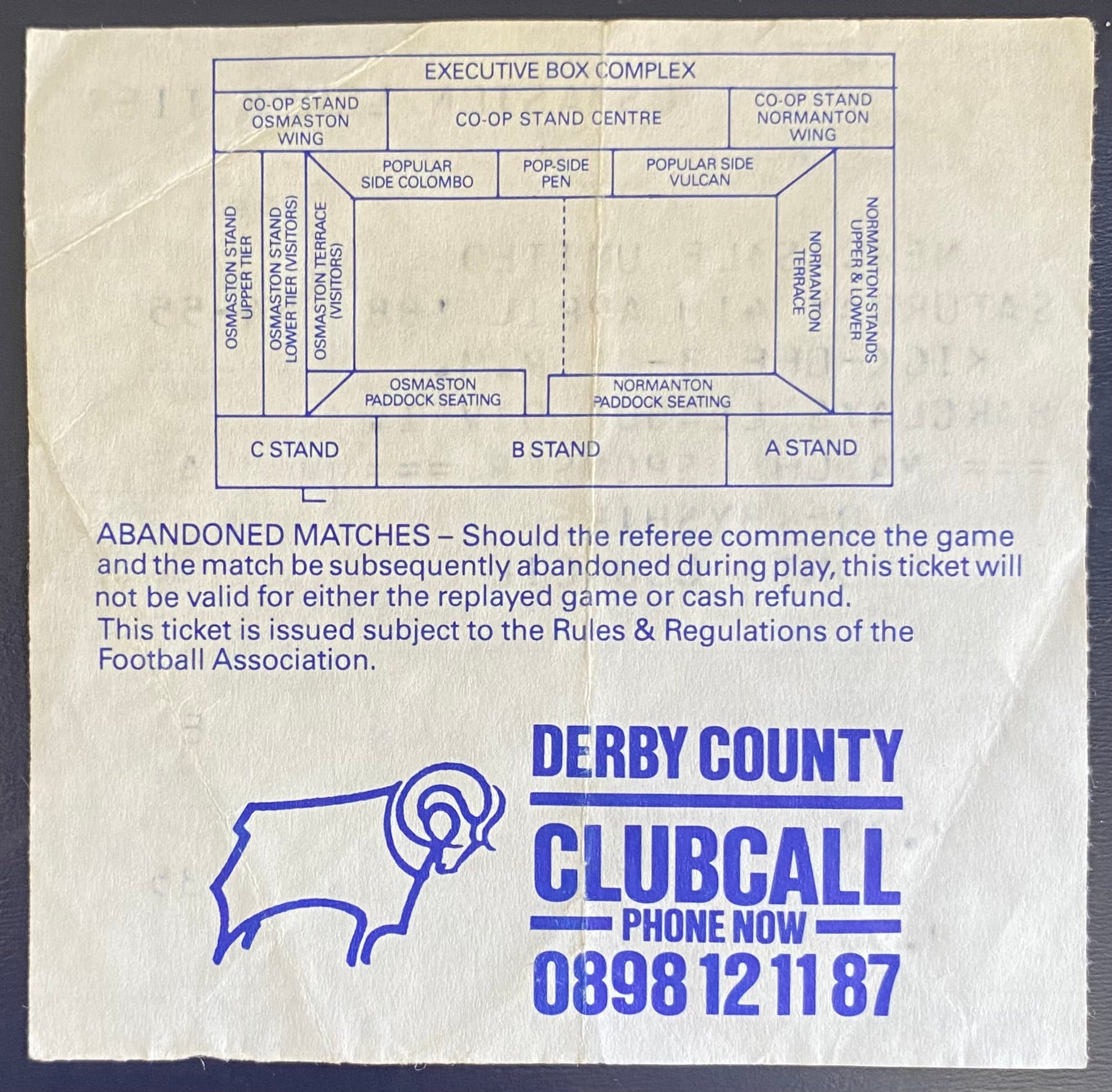 1987/88 ORIGINAL DIVISION 1 TICKET DERBY COUNTY V NEWCASTLE UNITED