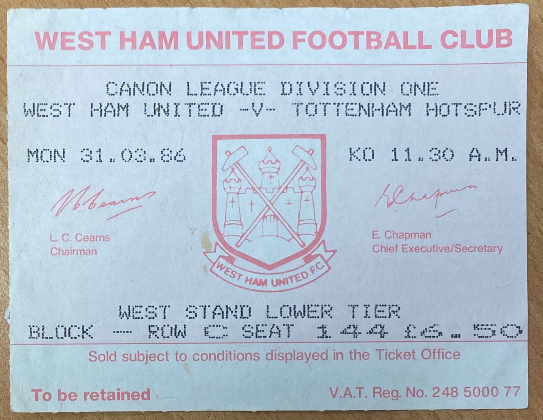 1985/86 ORIGINAL DIVISION ONE TICKET WEST HAM UNITED V TOTTENHAM HOTSPUR