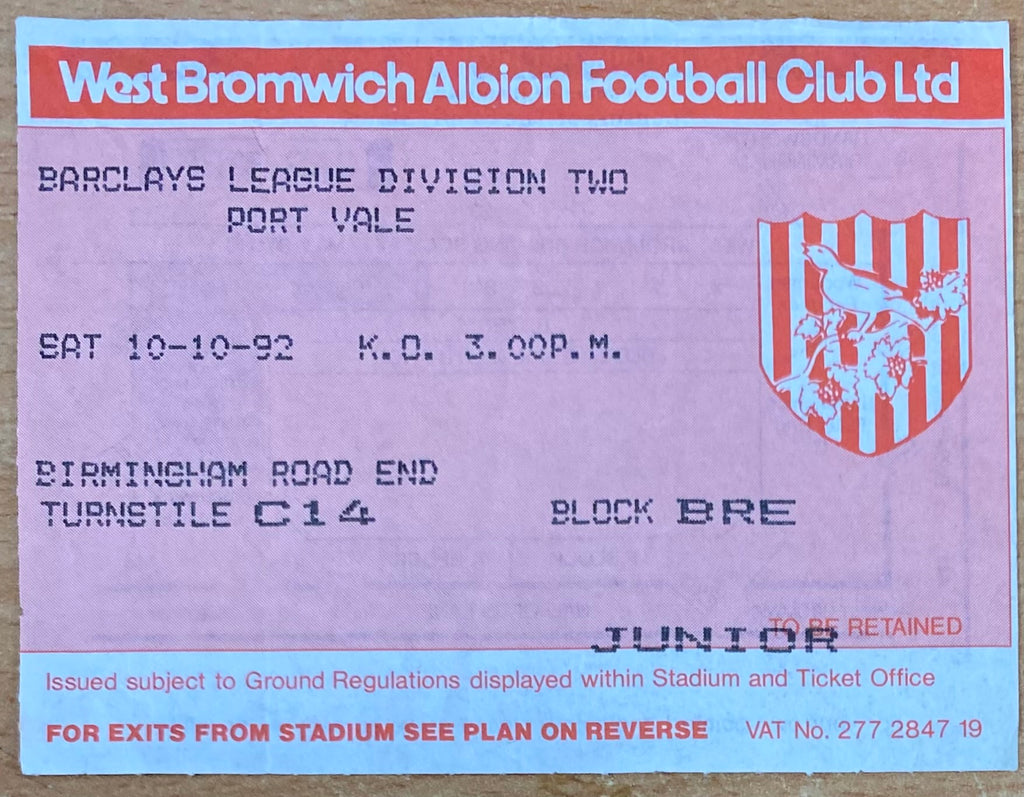 1992/93 ORIGINAL DIVISION 2 TICKET WEST BROMWICH ALBION V PORT VALE