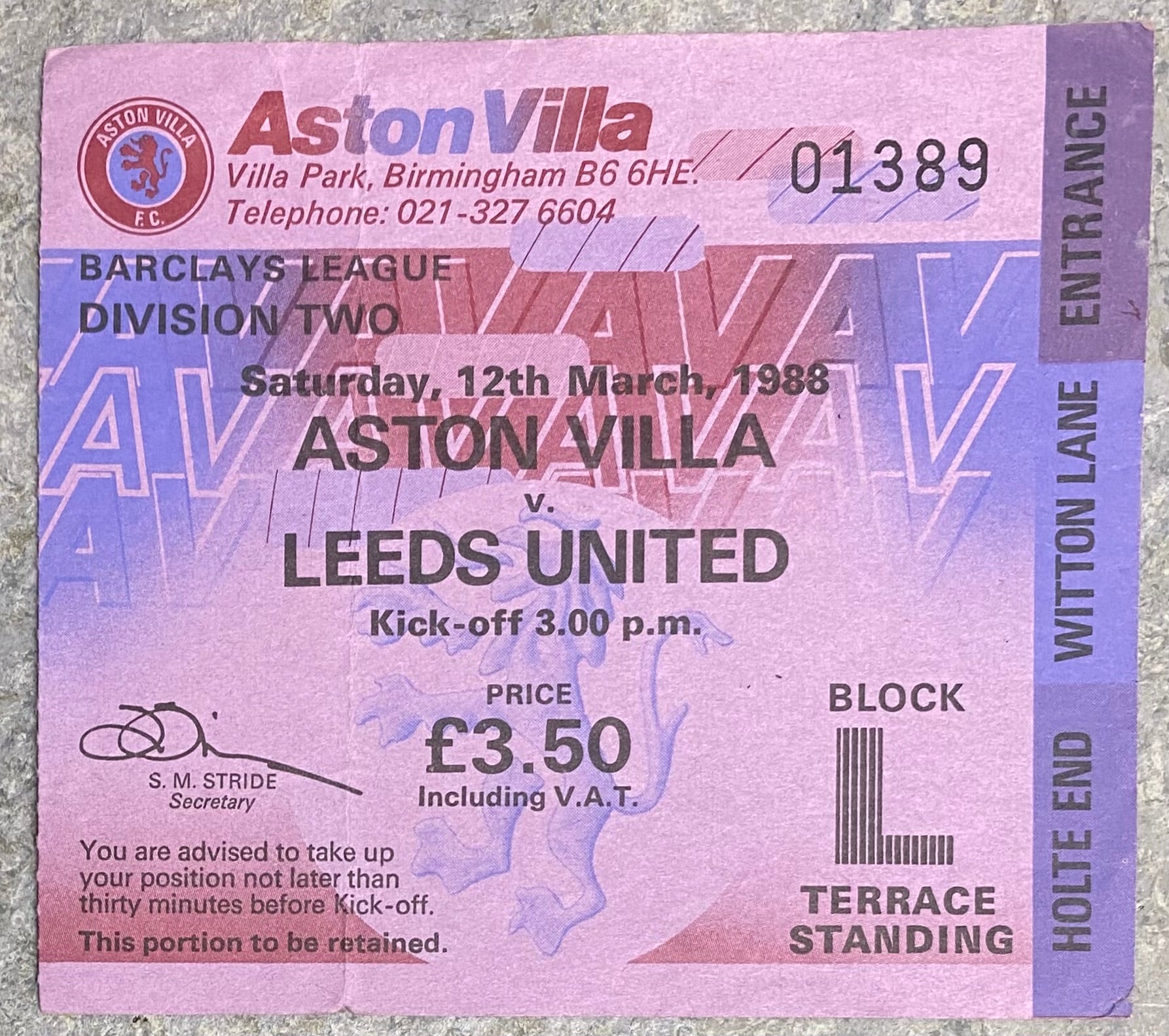 1987/88 ORIGINAL DIVISION TWO TICKET ASTON VILLA V LEEDS UNITED