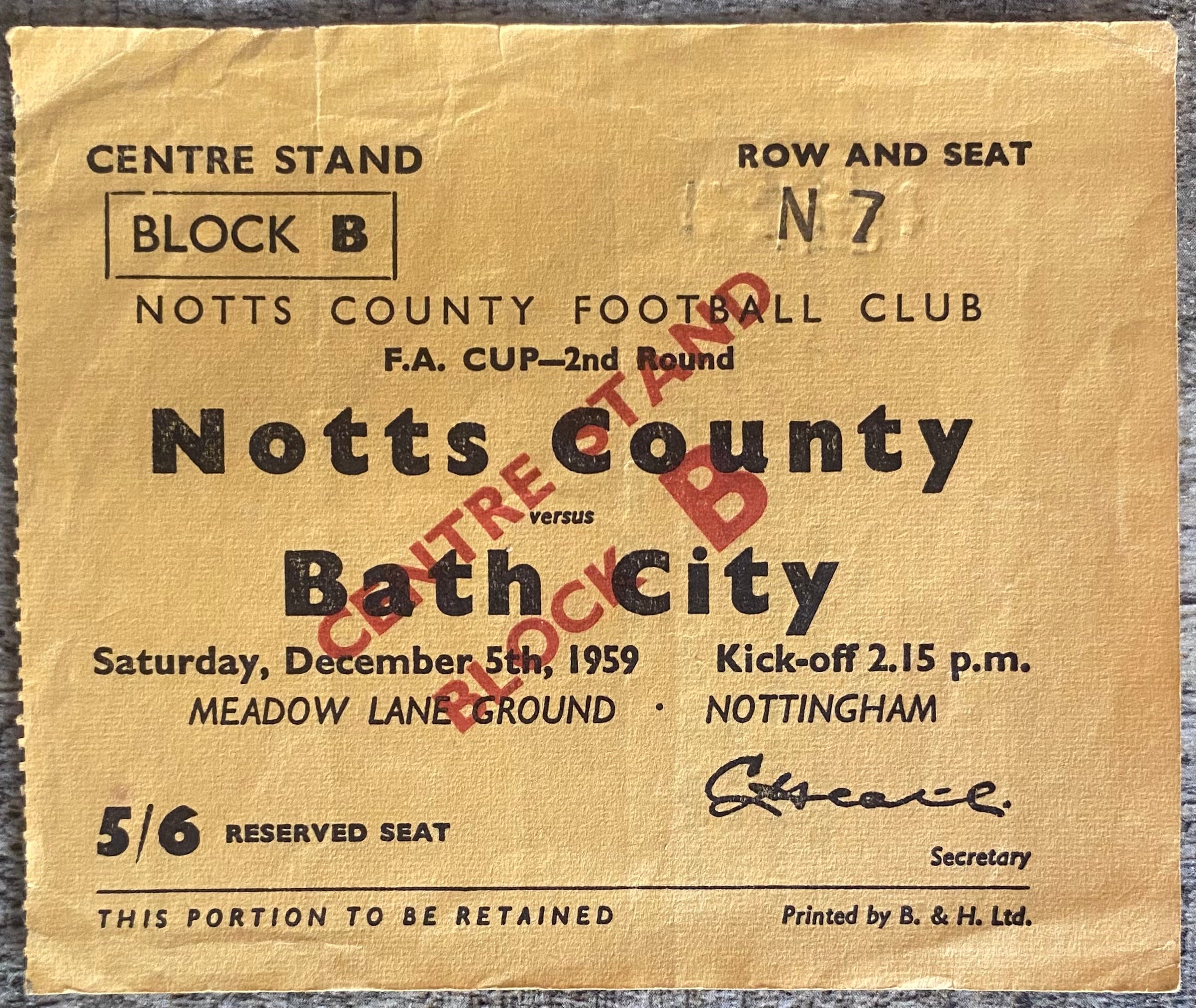 1959/60 ORIGINAL FA CUP 2ND ROUND TICKET NOTTS COUNTY V BATH CITY