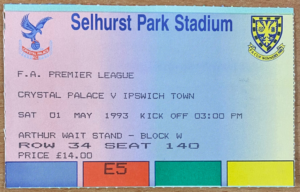 1992/93 ORIGINAL PREMIER LEAGUE TICKET CRYSTAL PALACE V IPSWICH TOWN