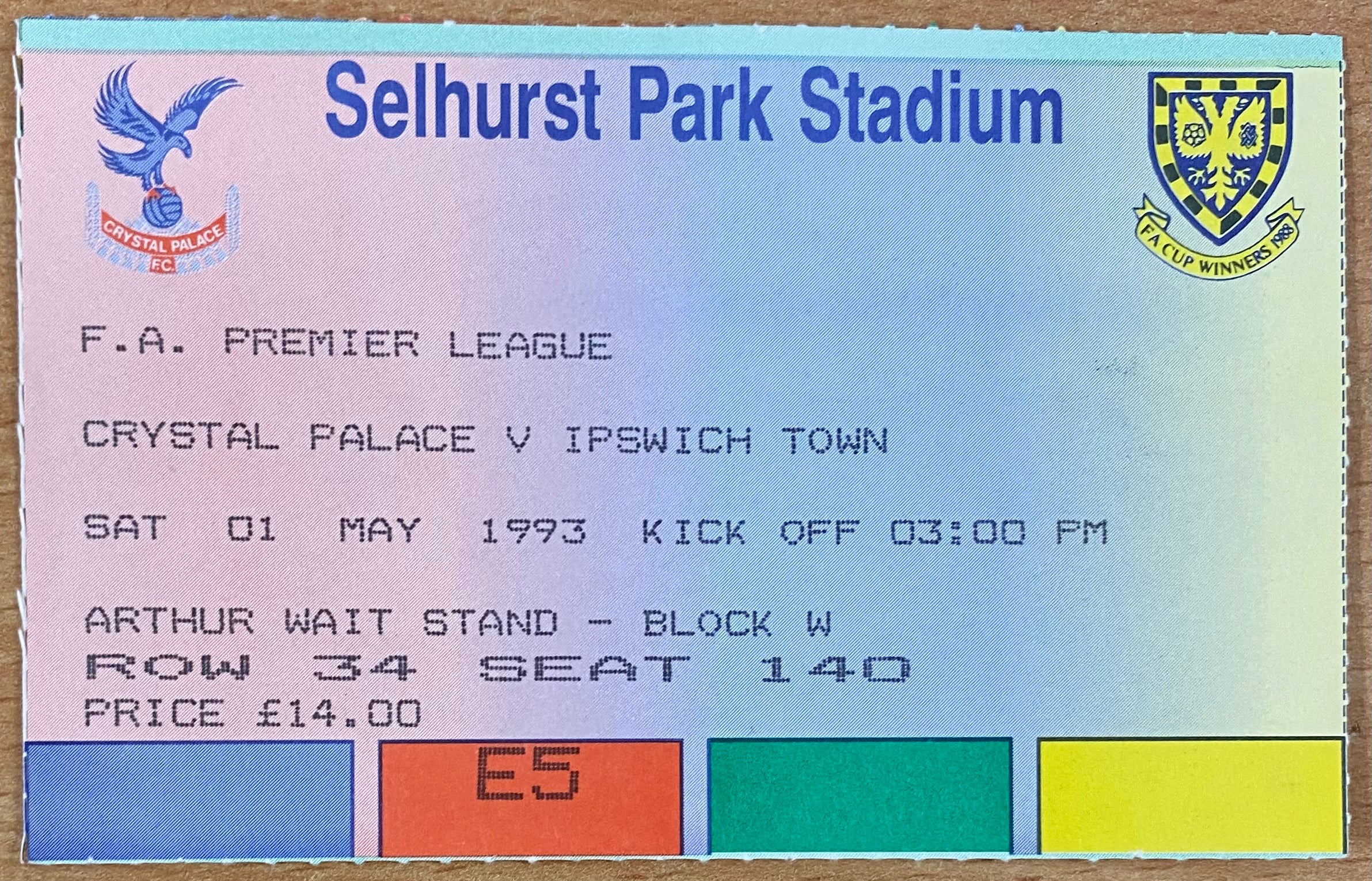 1992/93 ORIGINAL PREMIER LEAGUE TICKET CRYSTAL PALACE V IPSWICH TOWN