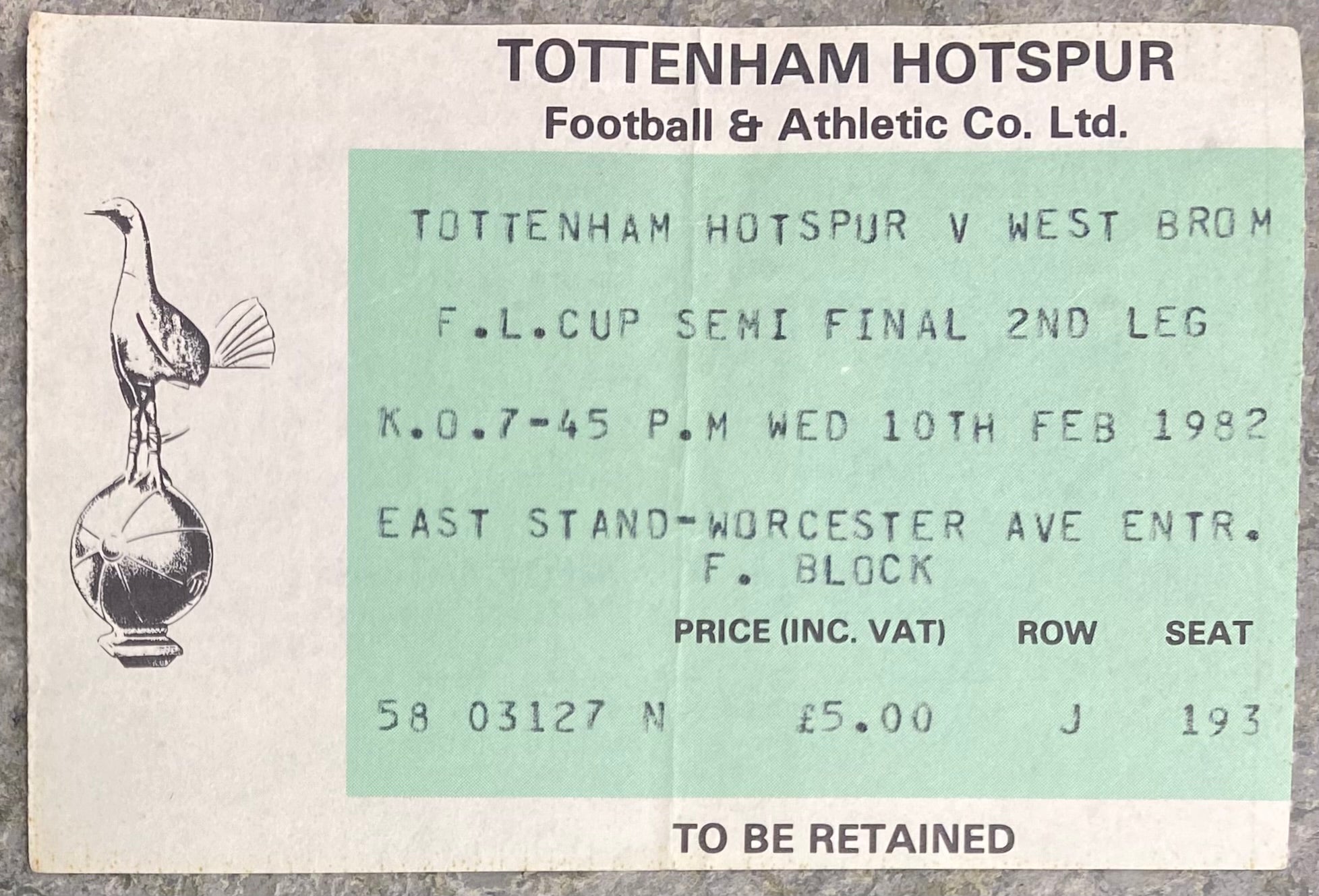 1981/82 ORIGINAL LEAGUE CUP SEMI FINAL 2ND LEG TICKET TOTTENHAM HOTSPUR V WEST BROMWICH ALBION