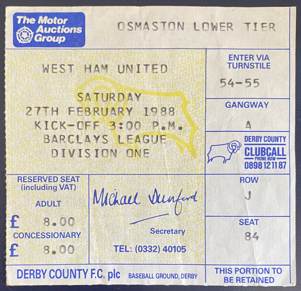 1987/88 ORIGINAL DIVISION 1 TICKET DERBY COUNTY V WEST HAM UNITED