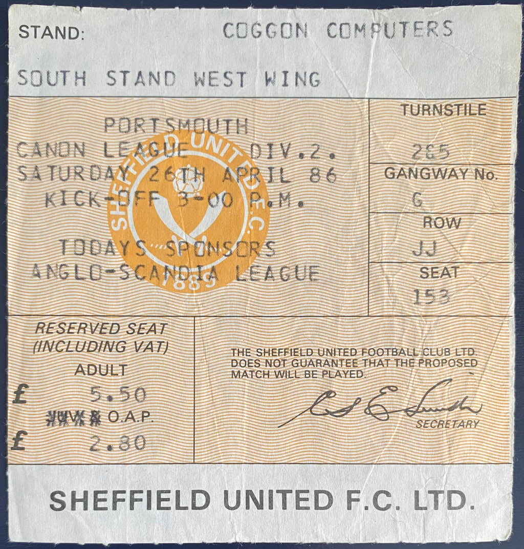 1985/86 ORIGINAL DIVISION 2  TICKET SHEFFIELD UNITED V PORTSMOUTH