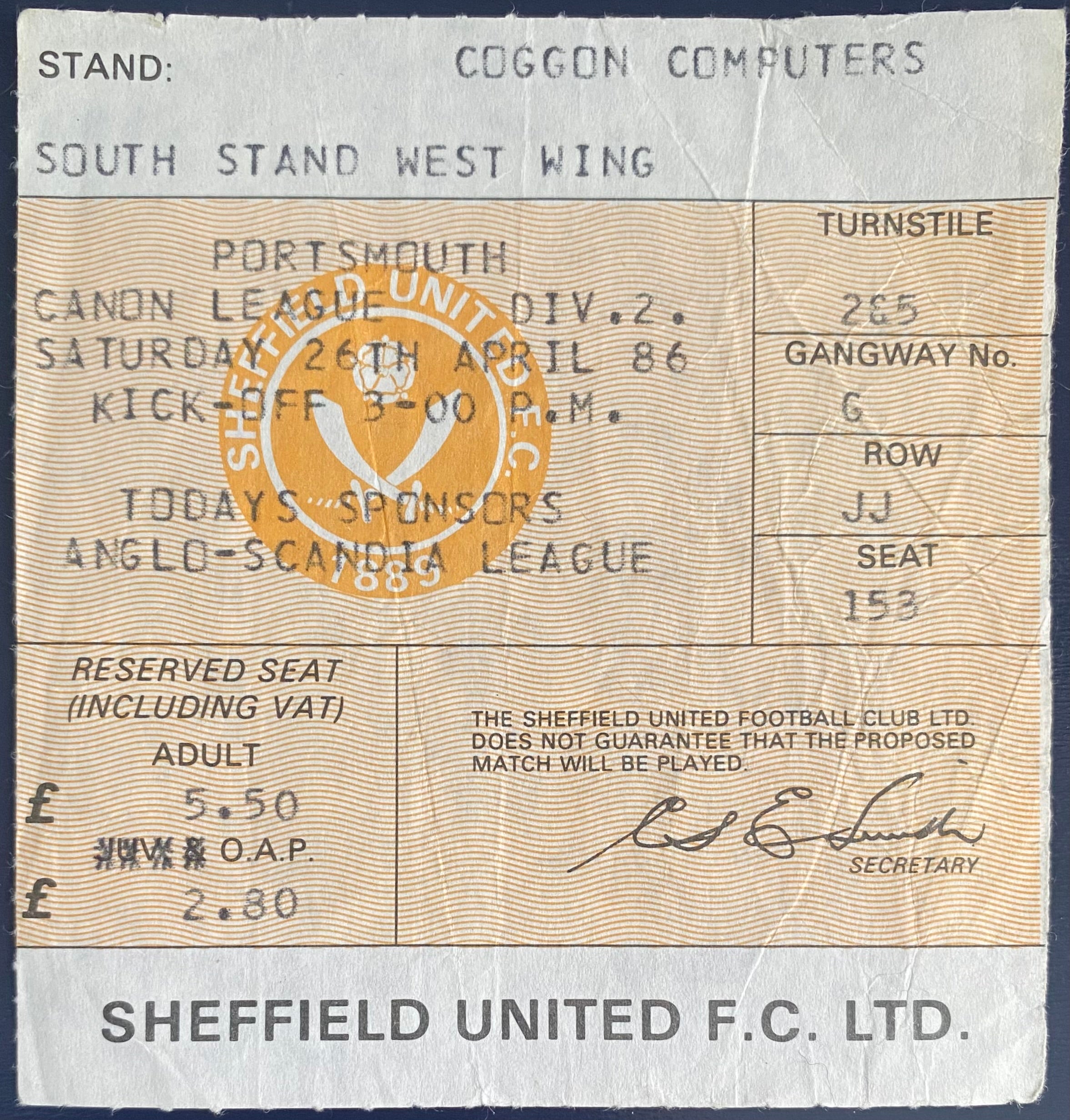 1985/86 ORIGINAL DIVISION 2  TICKET SHEFFIELD UNITED V PORTSMOUTH