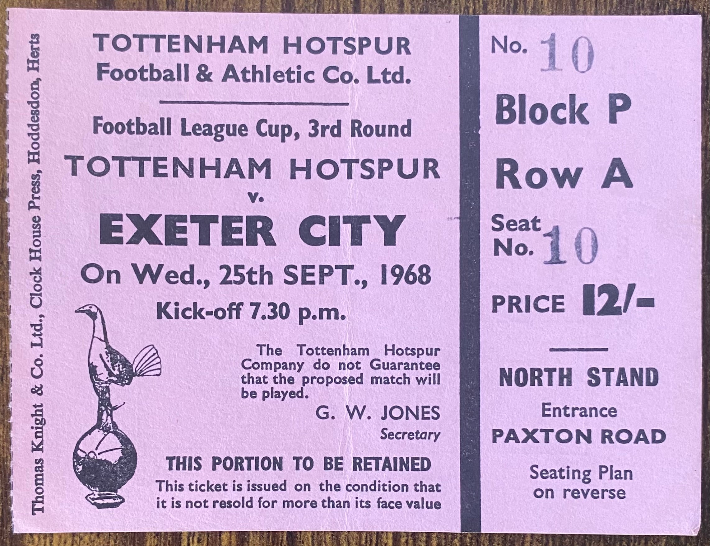 1968/69 ORIGINAL LEAGUE CUP 3RD ROUND TICKET TOTTENHAM HOTSPUR V EXETER CITY