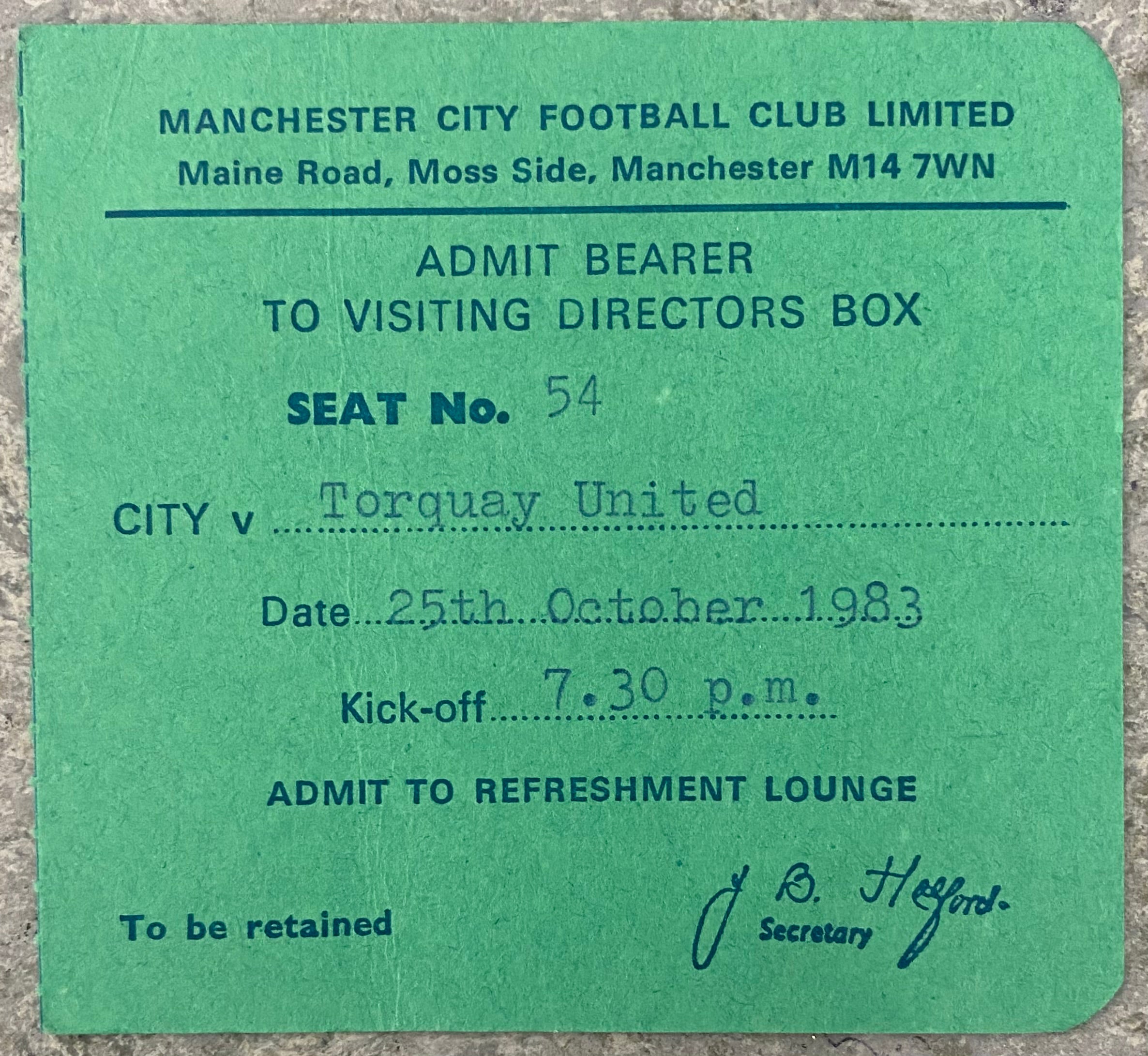 1983/84 ORIGINAL LEAGUE CUP 2ND ROUND 2ND LEG TICKET MANCHESTER CITY V TORQUAY UNITED
