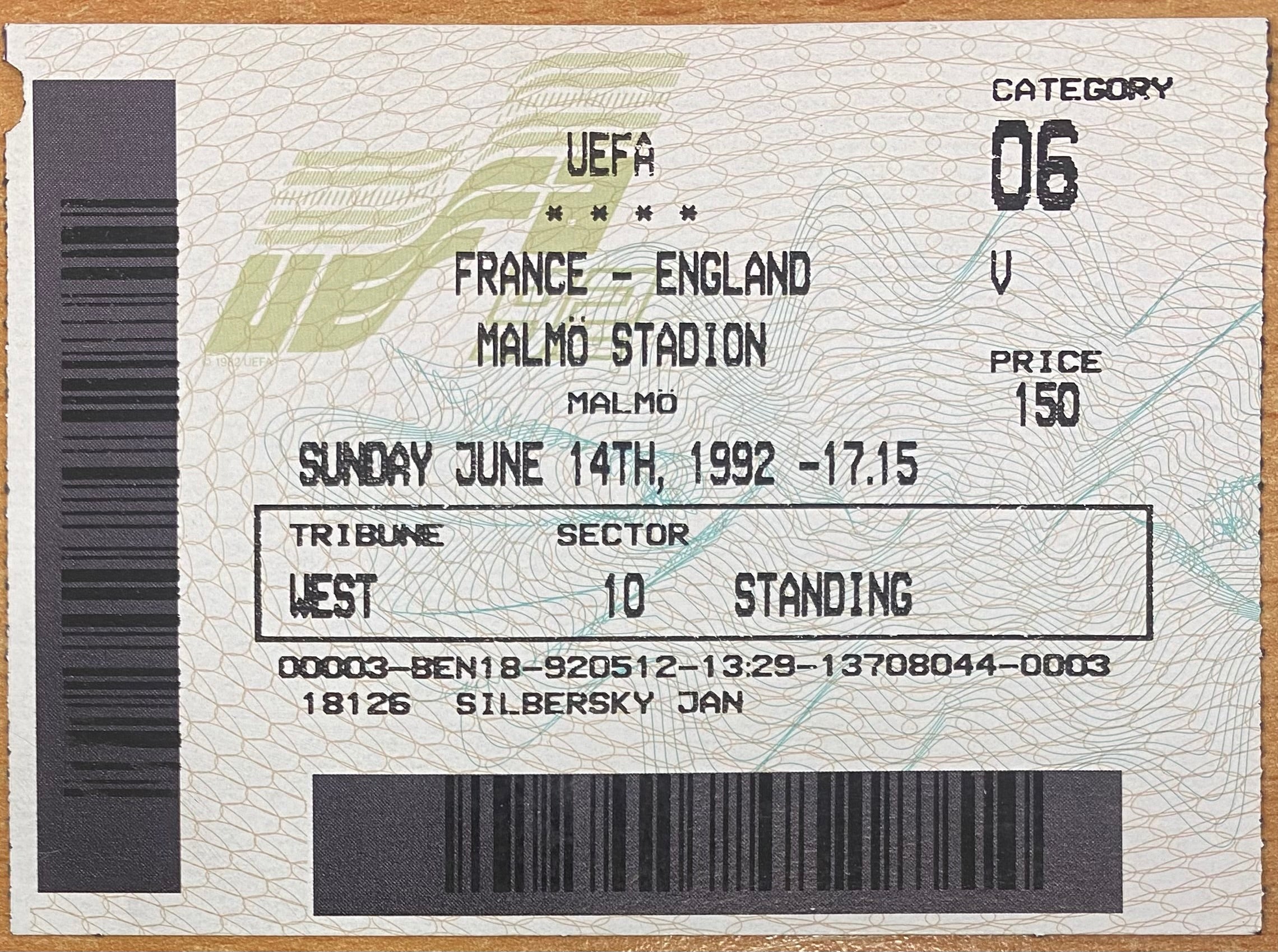 1992 ORIGINAL EURO 92 TICKET ENGLAND V FRANCE @ MALMO