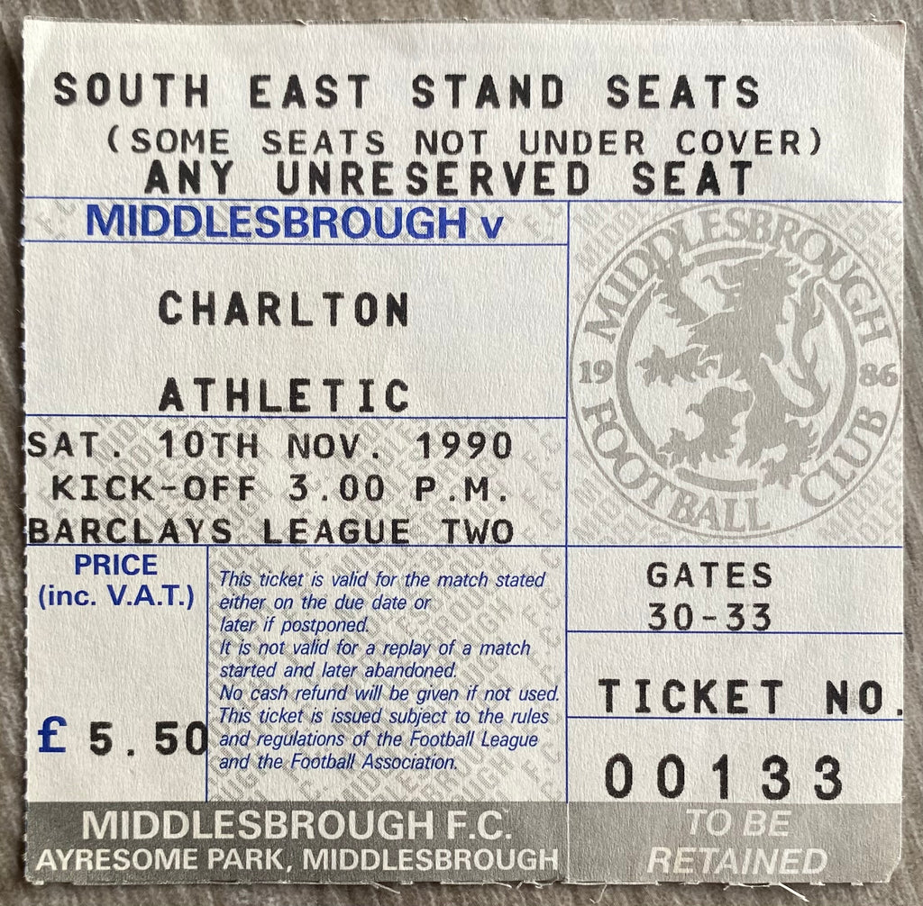 1990/91 ORIGINAL DIVISION 2 TICKET MIDDLESBROUGH V CHARLTON ATHLETIC