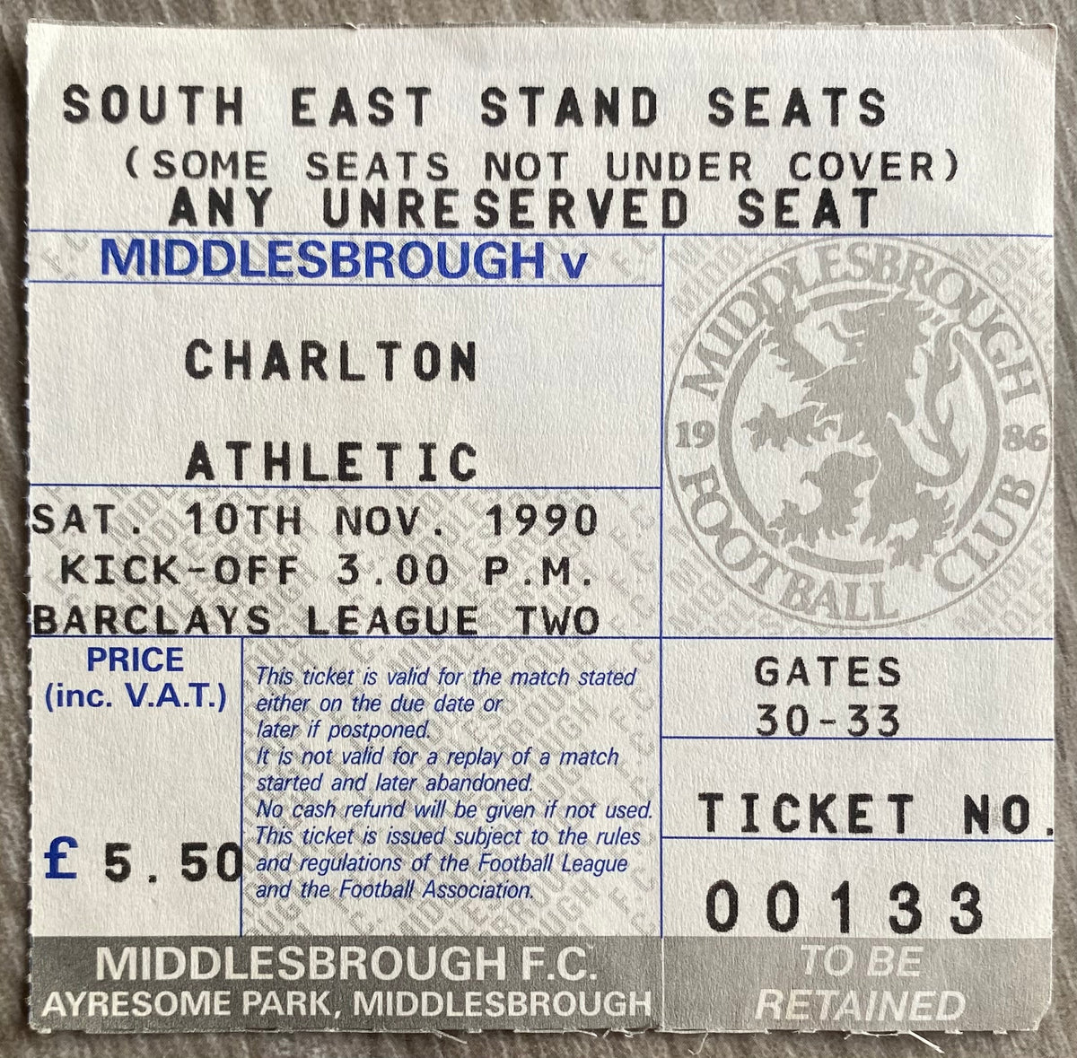 1990/91 ORIGINAL DIVISION 2 TICKET MIDDLESBROUGH V CHARLTON ATHLETIC