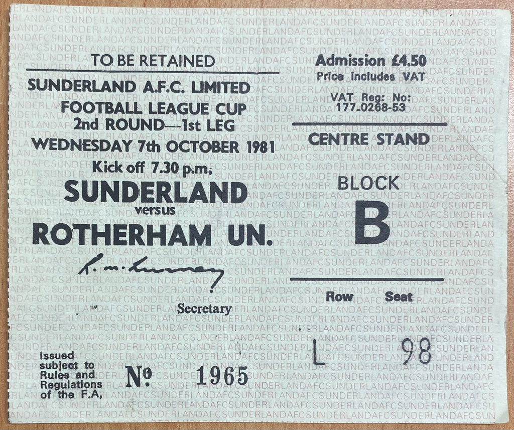 1981/82 ORIGINAL LEAGUE CUP 2ND ROUND 1ST LEG TICKET SUNDERLAND V ROTHERHAM UNITED