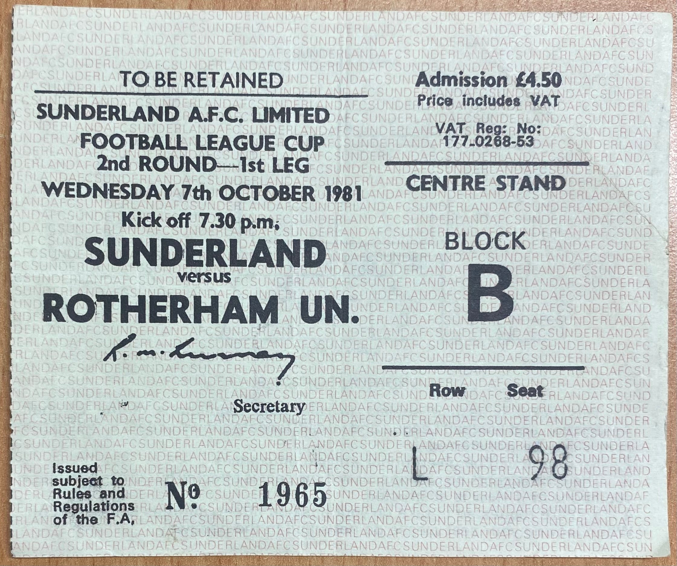 1981/82 ORIGINAL LEAGUE CUP 2ND ROUND 1ST LEG TICKET SUNDERLAND V ROTHERHAM UNITED