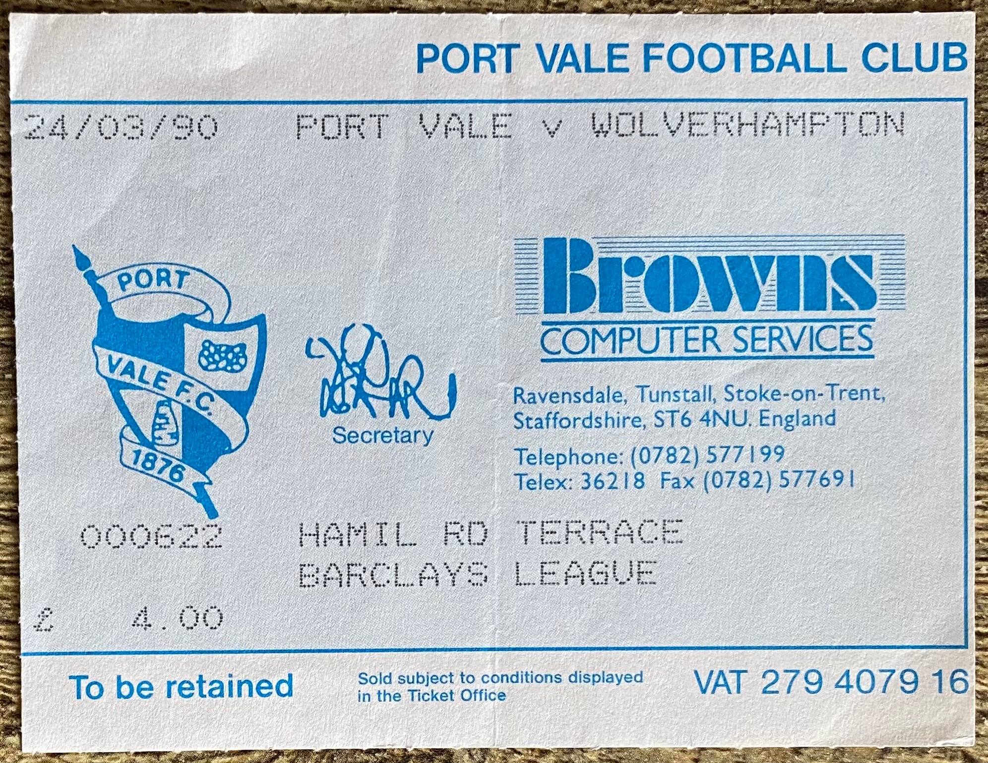 1989/90 ORIGINAL DIVISION 2 TICKET PORT VALE V WOLVERHAMPTON WANDERERS