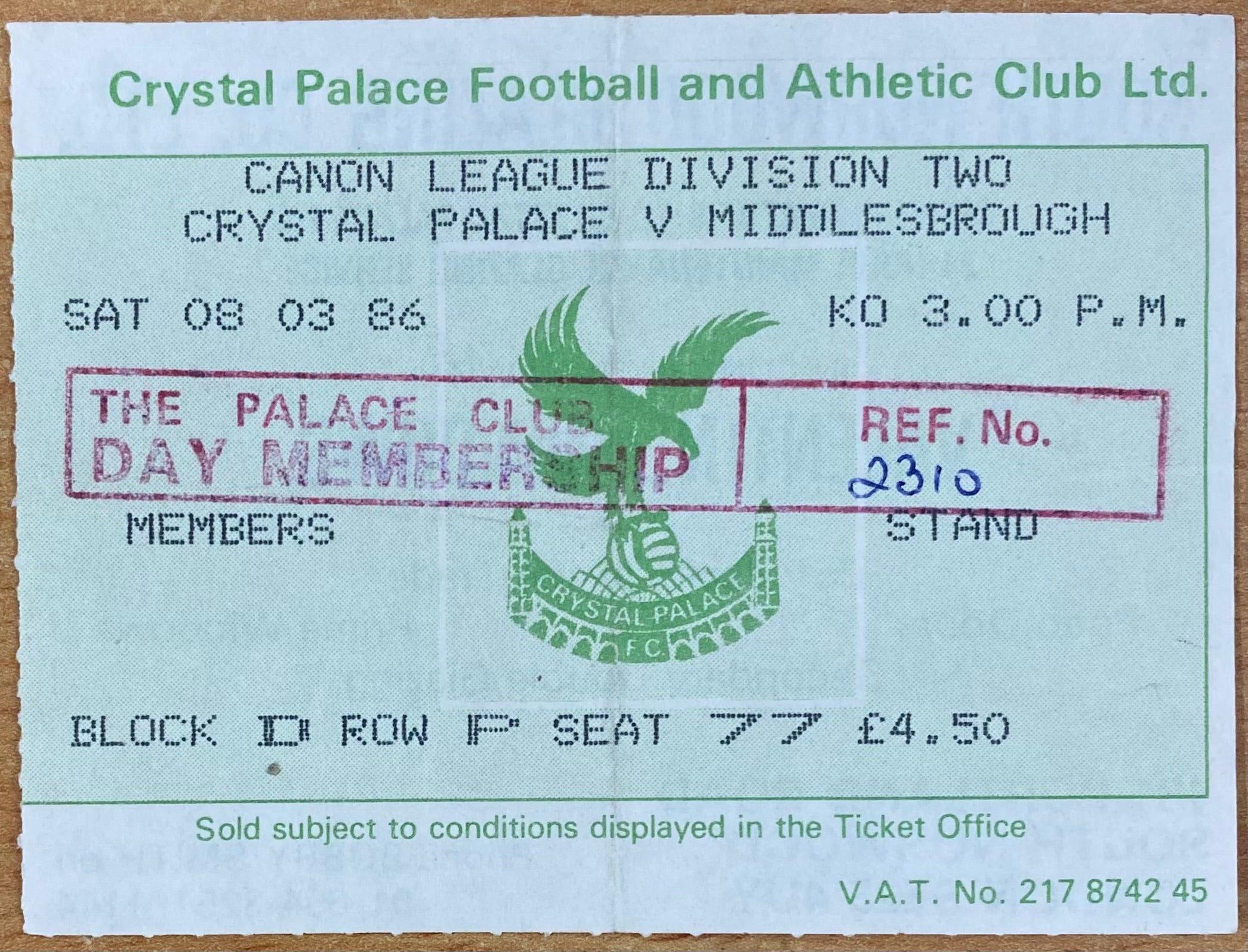 1985/86 ORIGINAL DIVISION 2 TICKET CRYSTAL PALACE V MIDDLESBROUGH