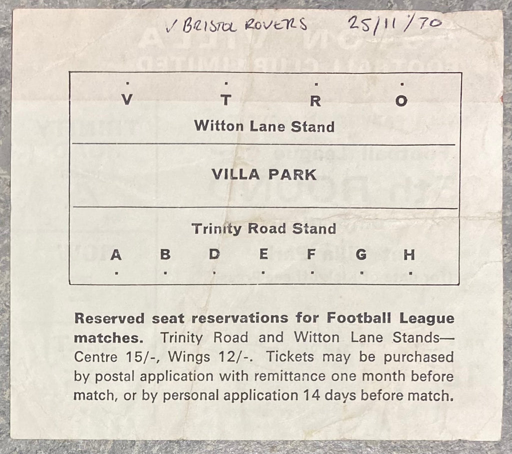 1970/71 ORIGINAL LEAGUE CUP 5TH ROUND REPLAY TICKET ASTON VILLA V BRISTOL ROVERS