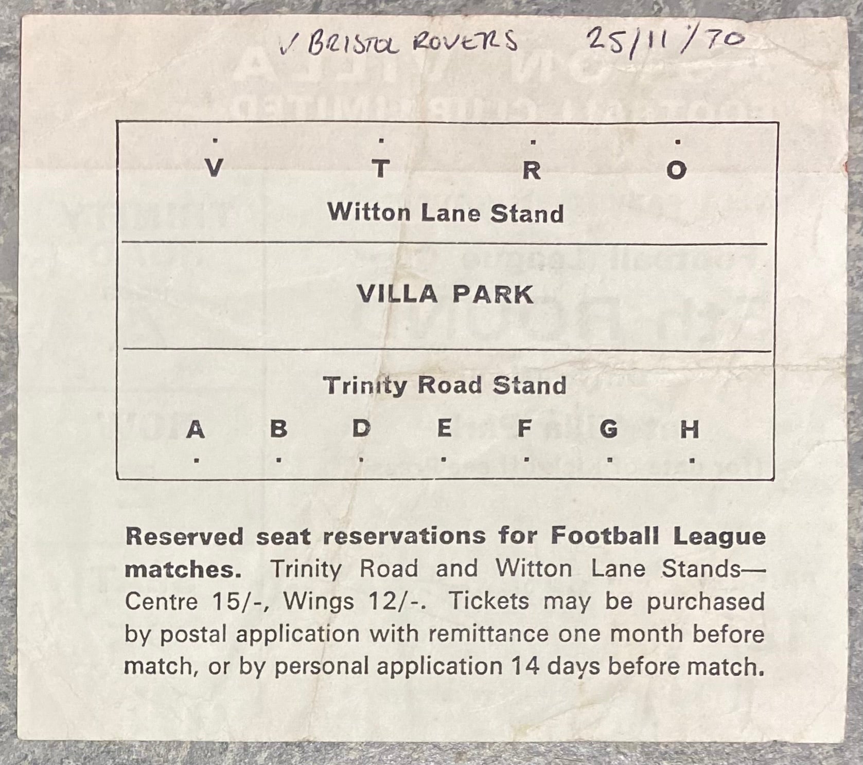 1970/71 ORIGINAL LEAGUE CUP 5TH ROUND REPLAY TICKET ASTON VILLA V BRISTOL ROVERS