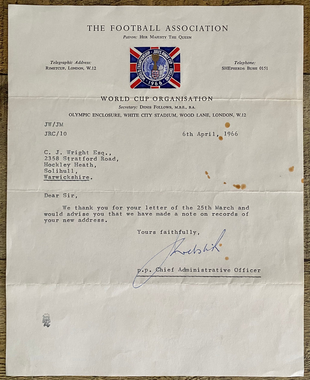 1966 WORLD CUP ORIGINAL OFFICIAL LETTER (WEMBLEY TICKET SALES) APR 1966