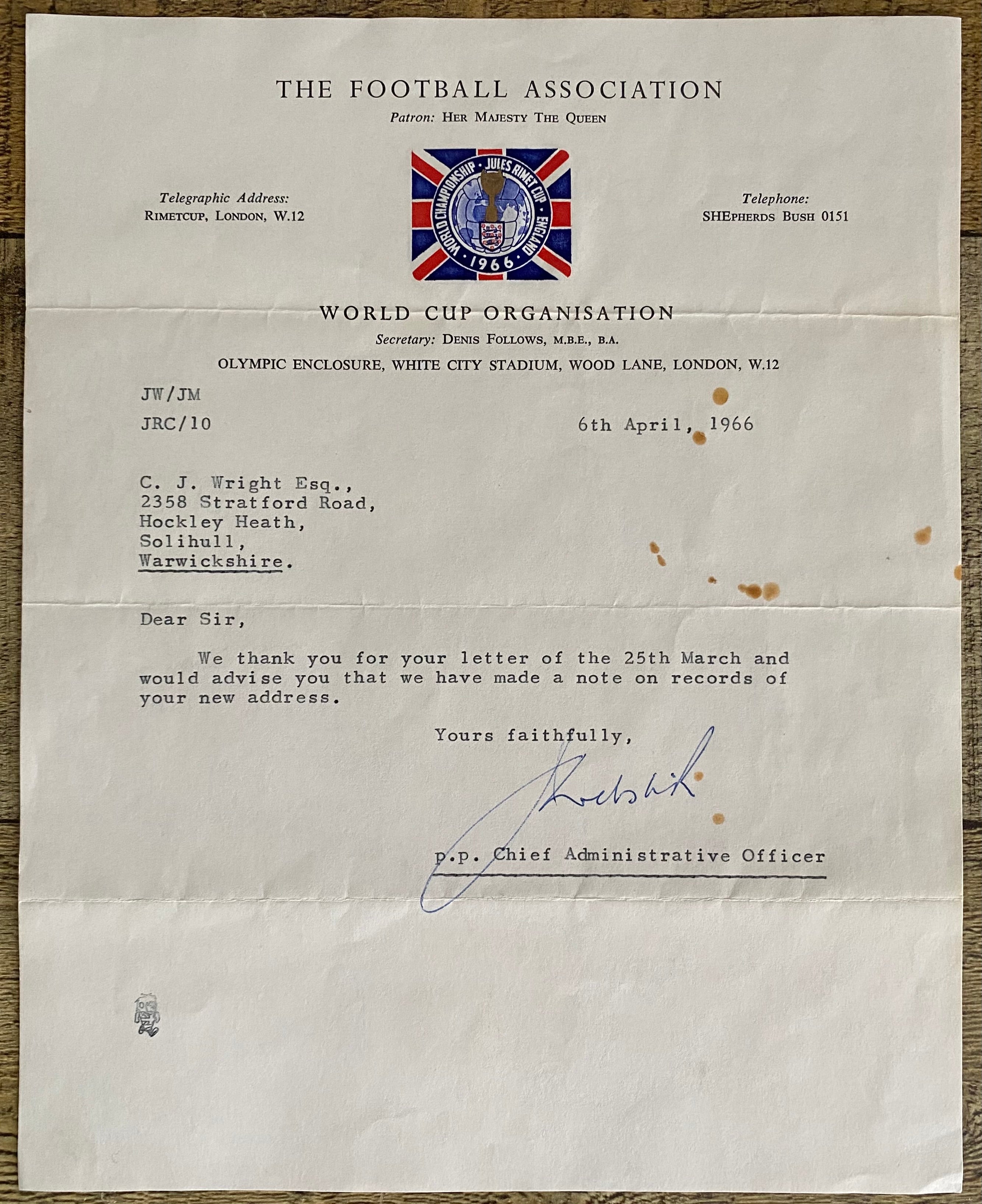 1966 WORLD CUP ORIGINAL OFFICIAL LETTER (WEMBLEY TICKET SALES) APR 1966
