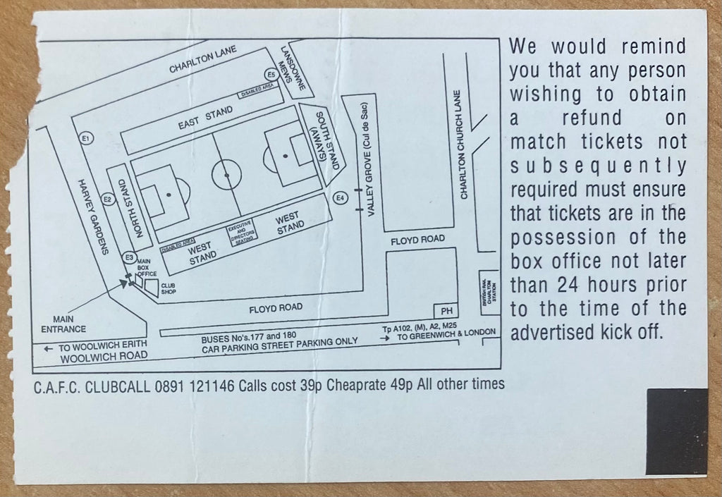 1994/95 ORIGINAL DIVISION 1 TICKET CHARLTON ATHLETIC V BARNSLEY