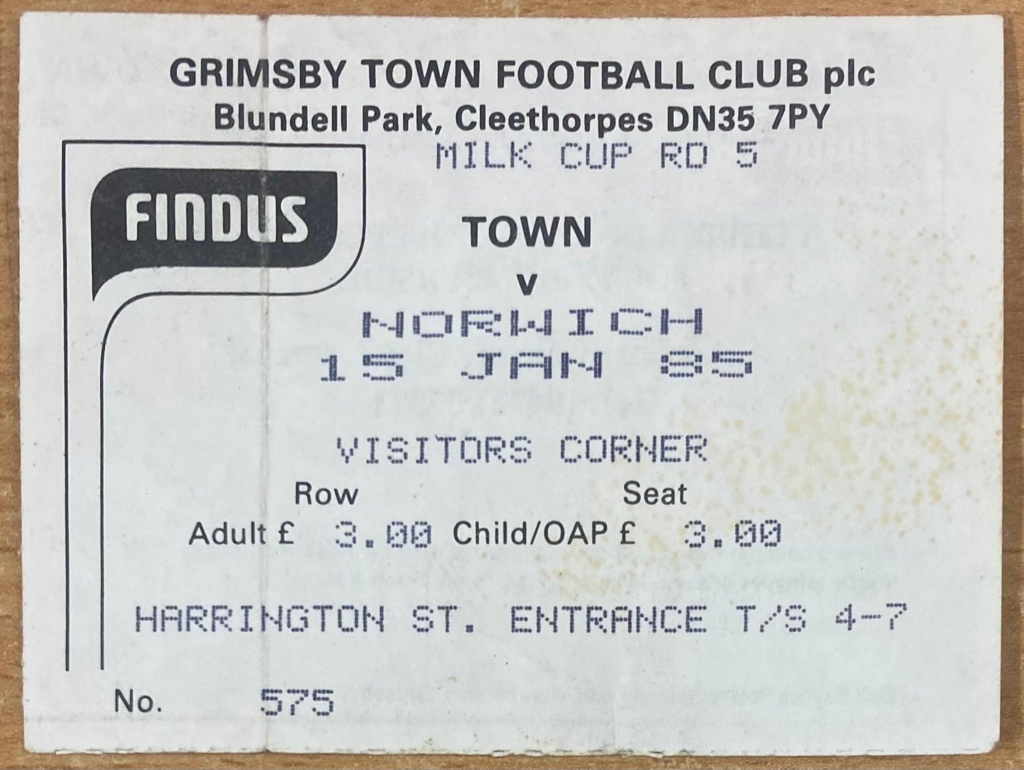 1984/85 ORIGINAL MILK CUP 5TH ROUND TICKET GRIMSBY TOWN V NORWICH CITY