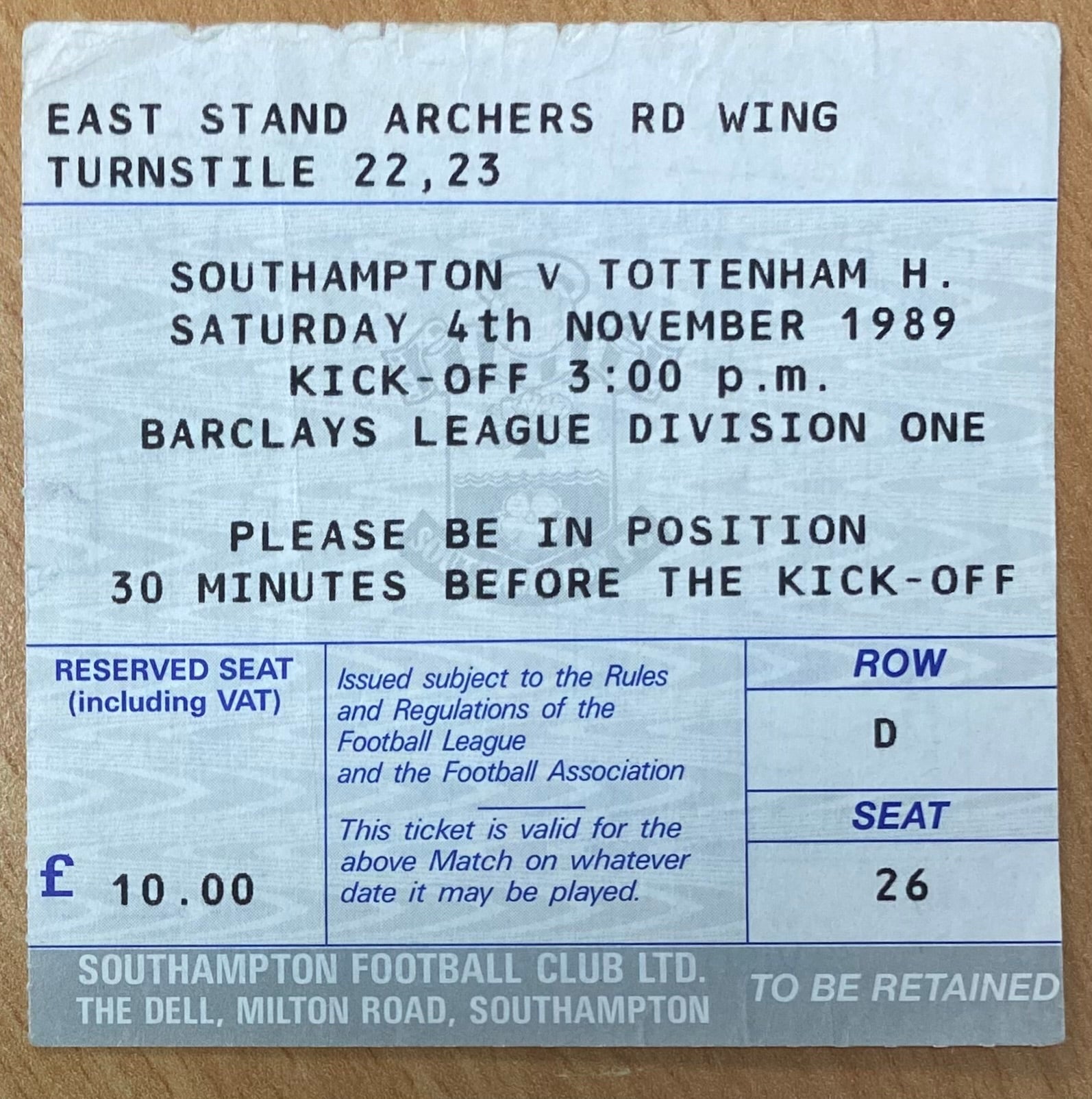 1989/90 ORIGINAL DIVISION ONE TICKET SOUTHAMPTON V TOTTENHAM HOTSPUR