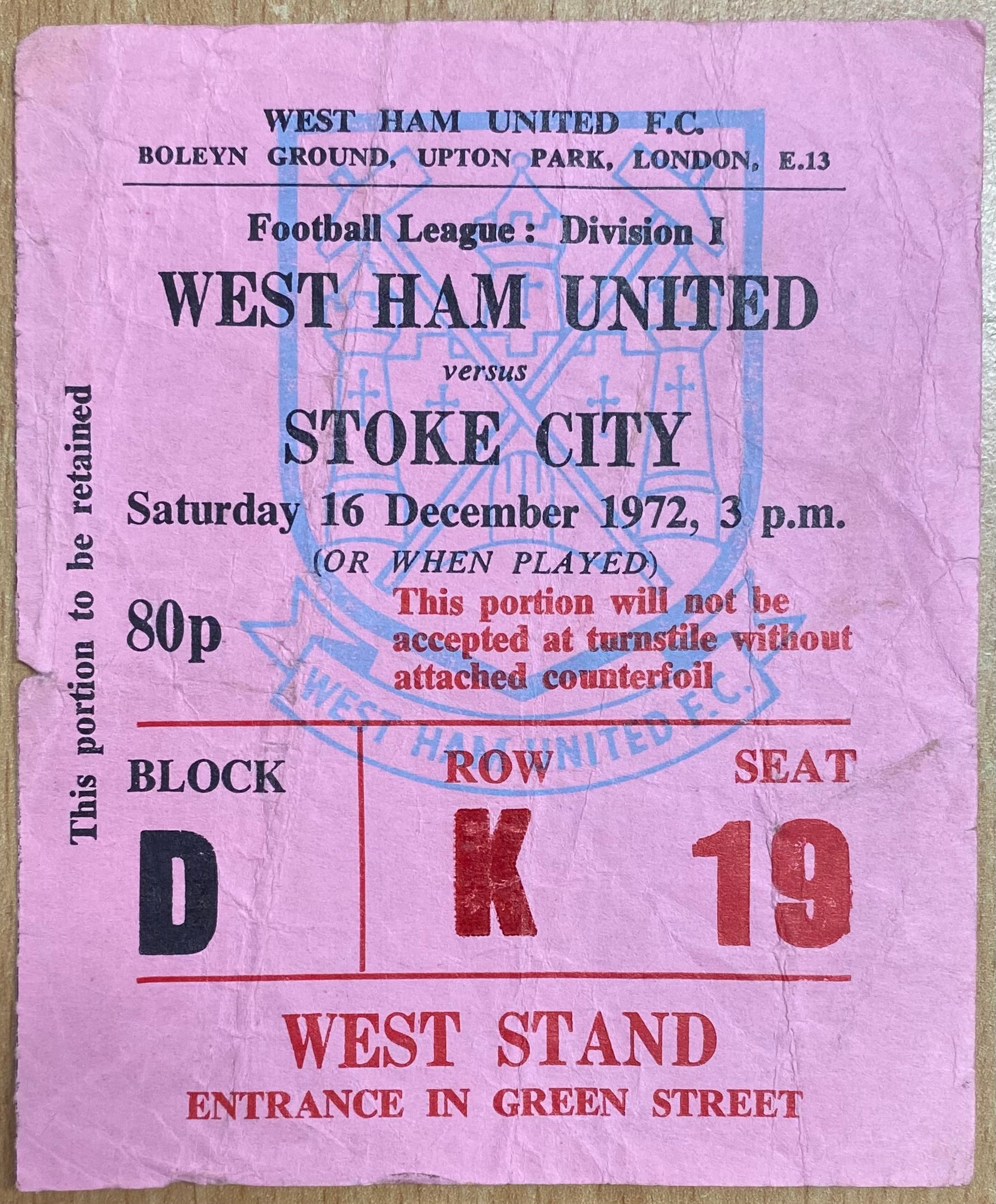 1972/73 ORIGINAL DIVISION ONE TICKET WEST HAM UNITED V STOKE CITY