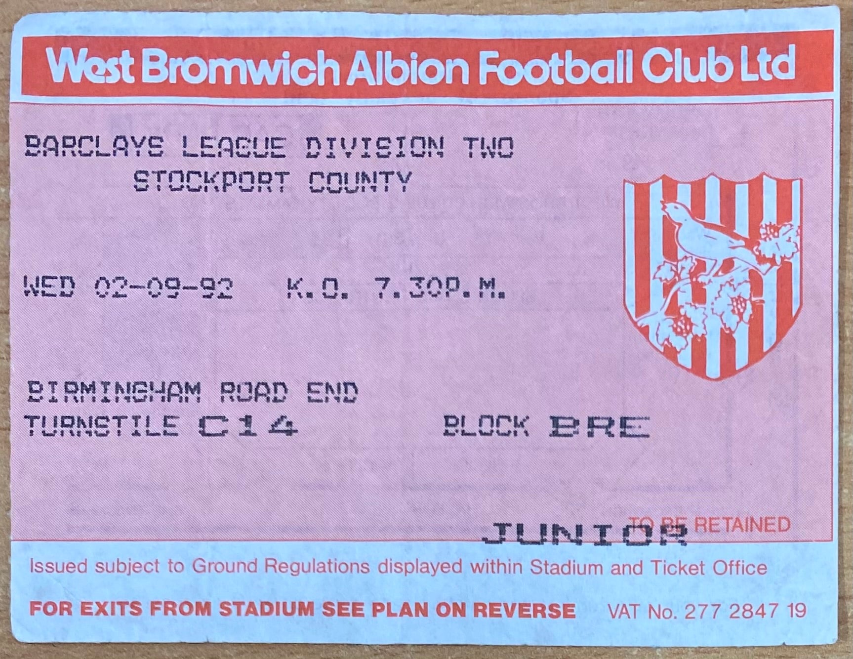 1992/93 ORIGINAL DIVISION 2 TICKET WEST BROMWICH ALBION V STOCKPORT COUNTY