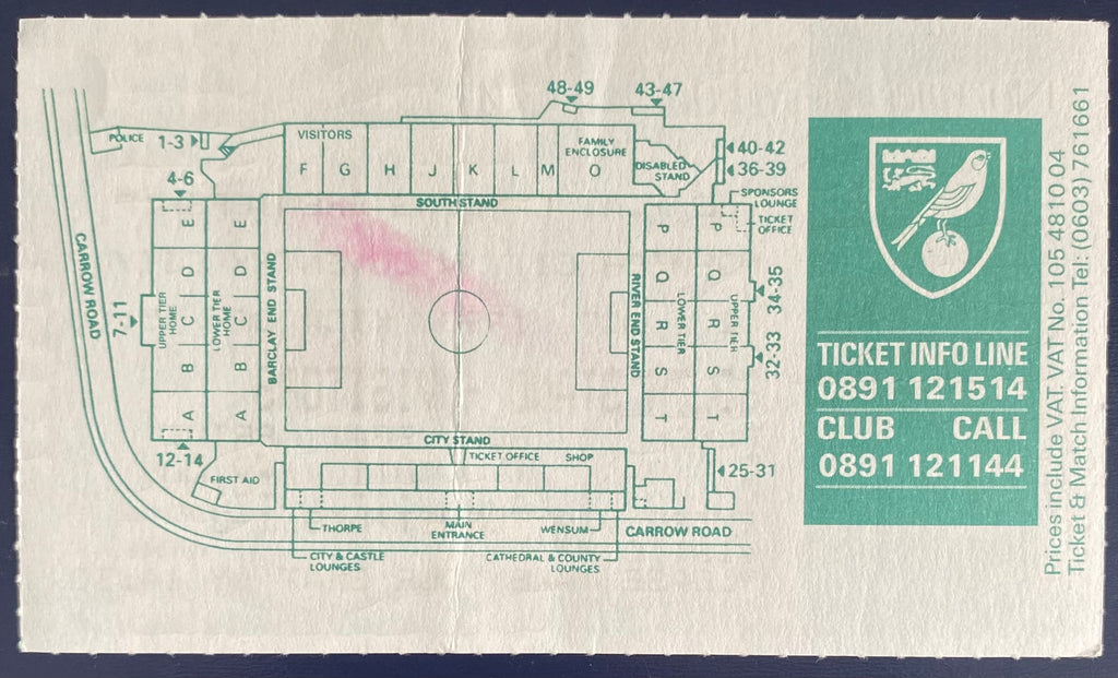 1993/94 ORIGINAL FA PREMIERSHIP TICKET NORWICH CITY V COVENTRY CITY