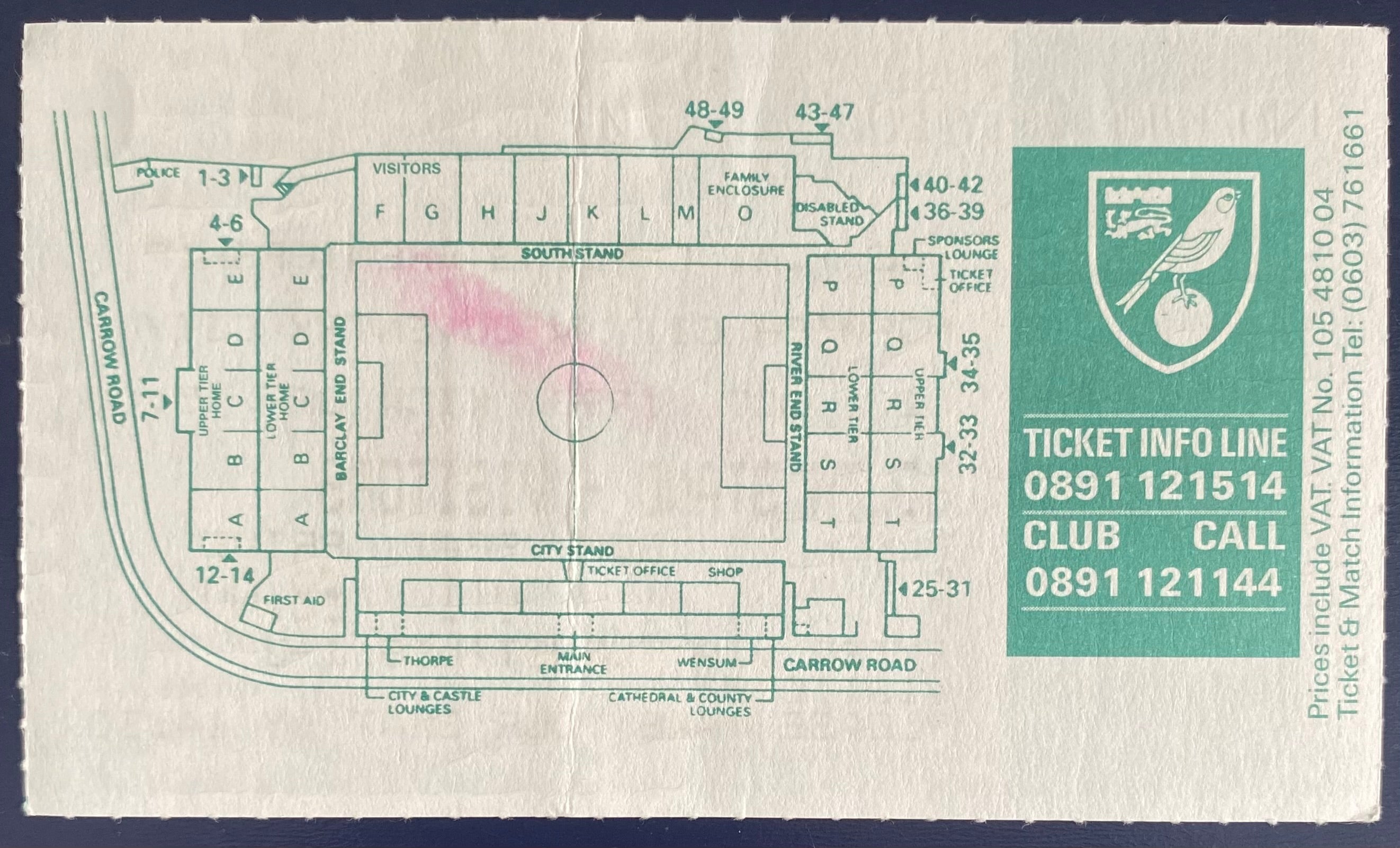 1993/94 ORIGINAL FA PREMIERSHIP TICKET NORWICH CITY V COVENTRY CITY