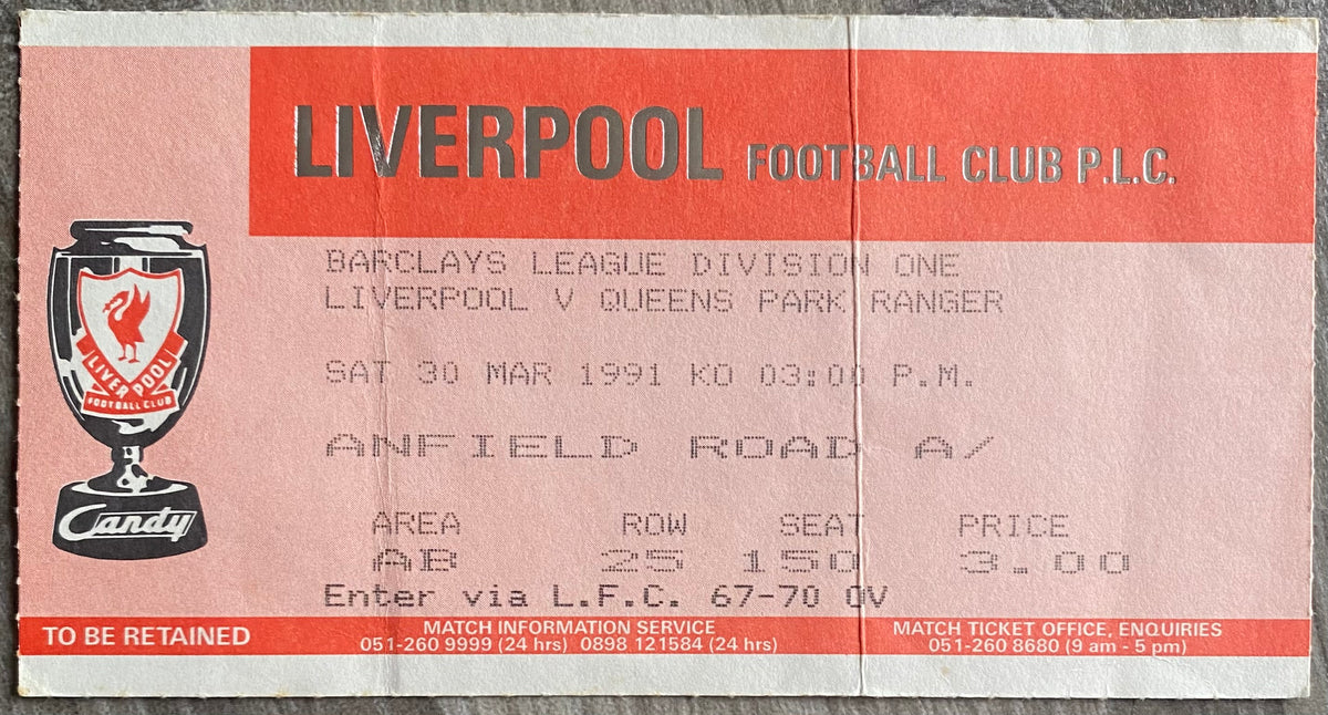 1990/91 ORIGINAL DIVISION 1 TICKET LIVERPOOL V QUEENS PARK RANGERS