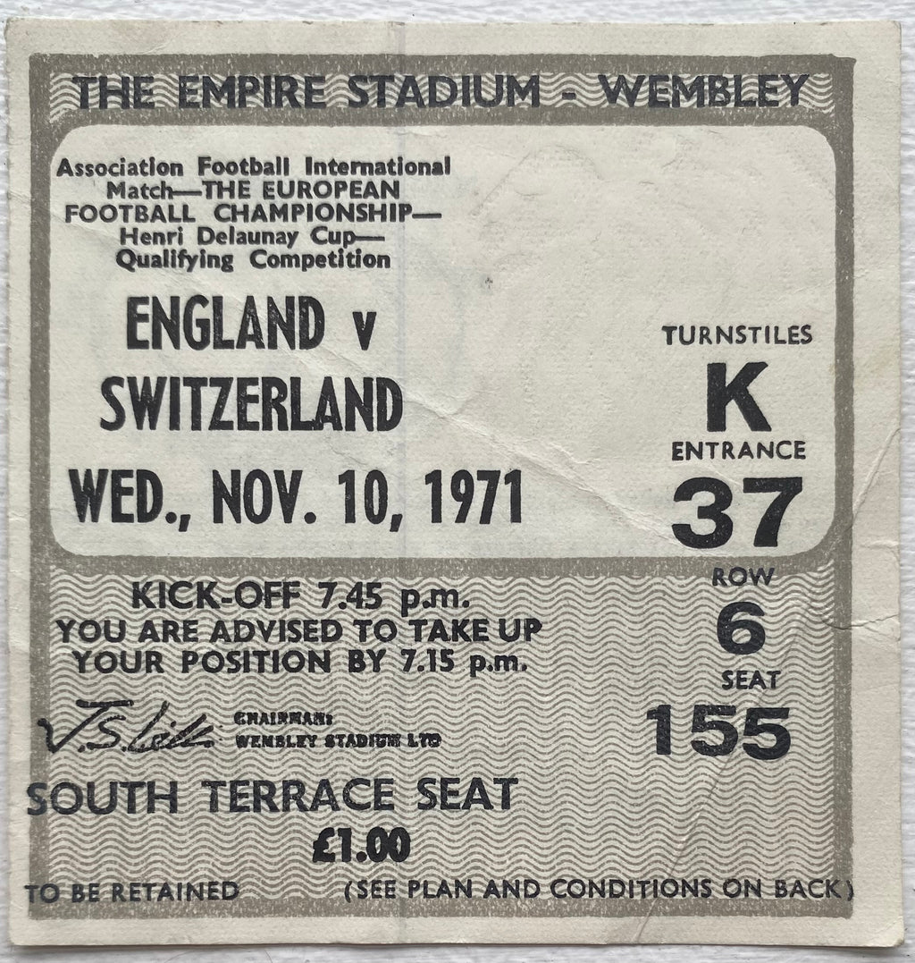 1971 ORIGINAL EUROPEAN CHAMPIONSHIPS QUALIFYING TICKET ENGLAND V SWITZERLAND