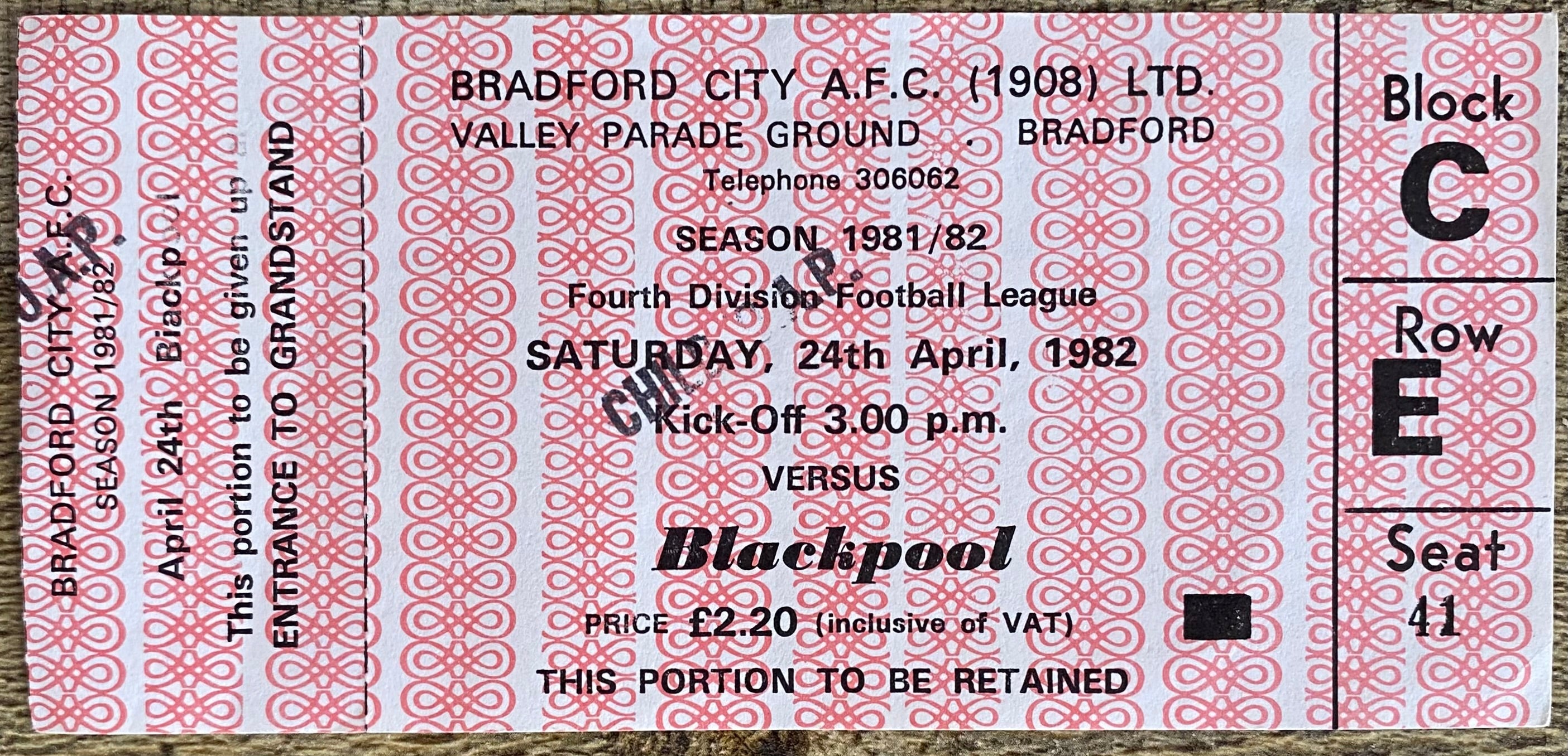 1981/82 ORIGINAL DIVISION 4 UNUSED TICKET BRADFORD CITY V BLACKPOOL