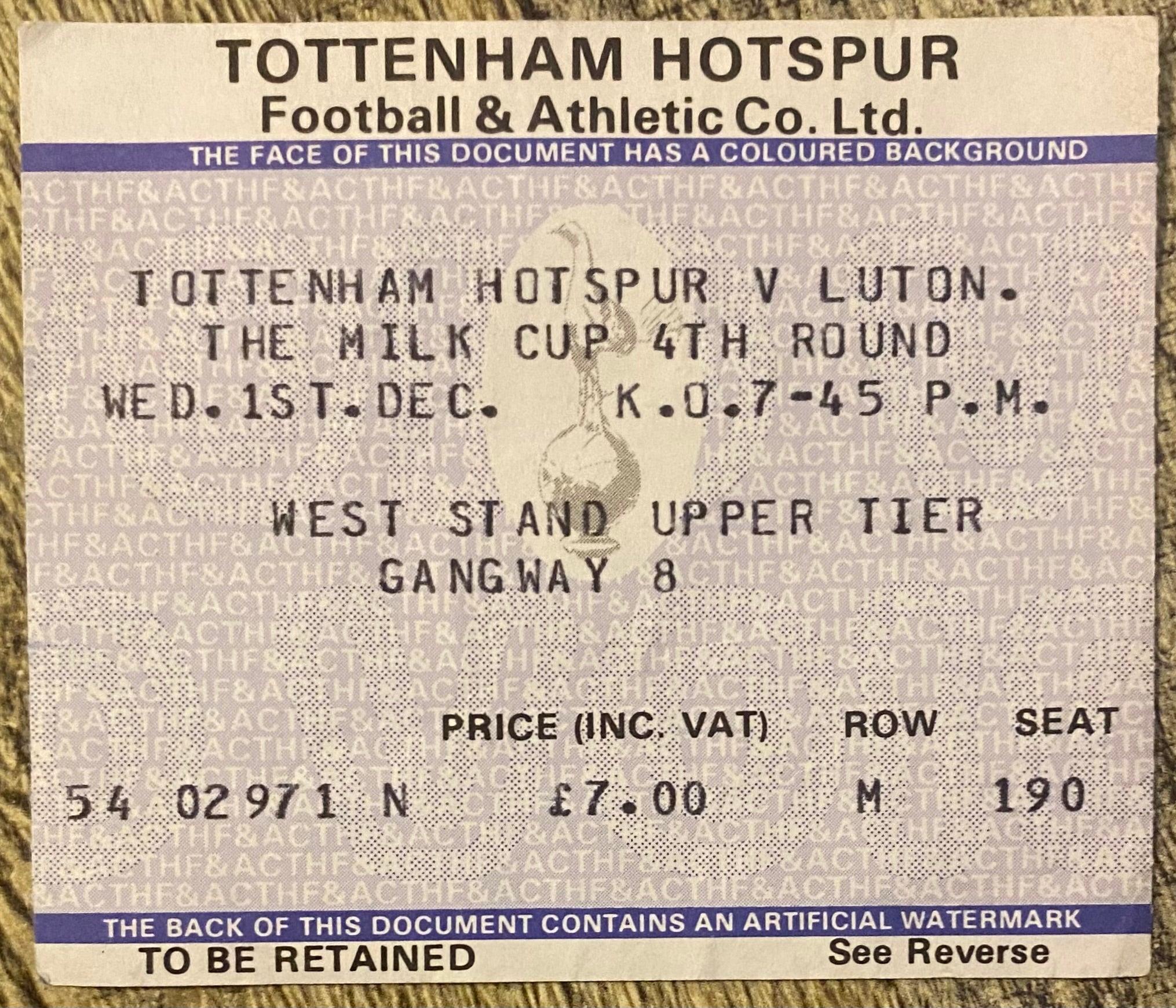 1982/83 ORIGINAL MILK CUP 4TH ROUND TICKET TOTTENHAM HOTSPUR V LUTON TOWN