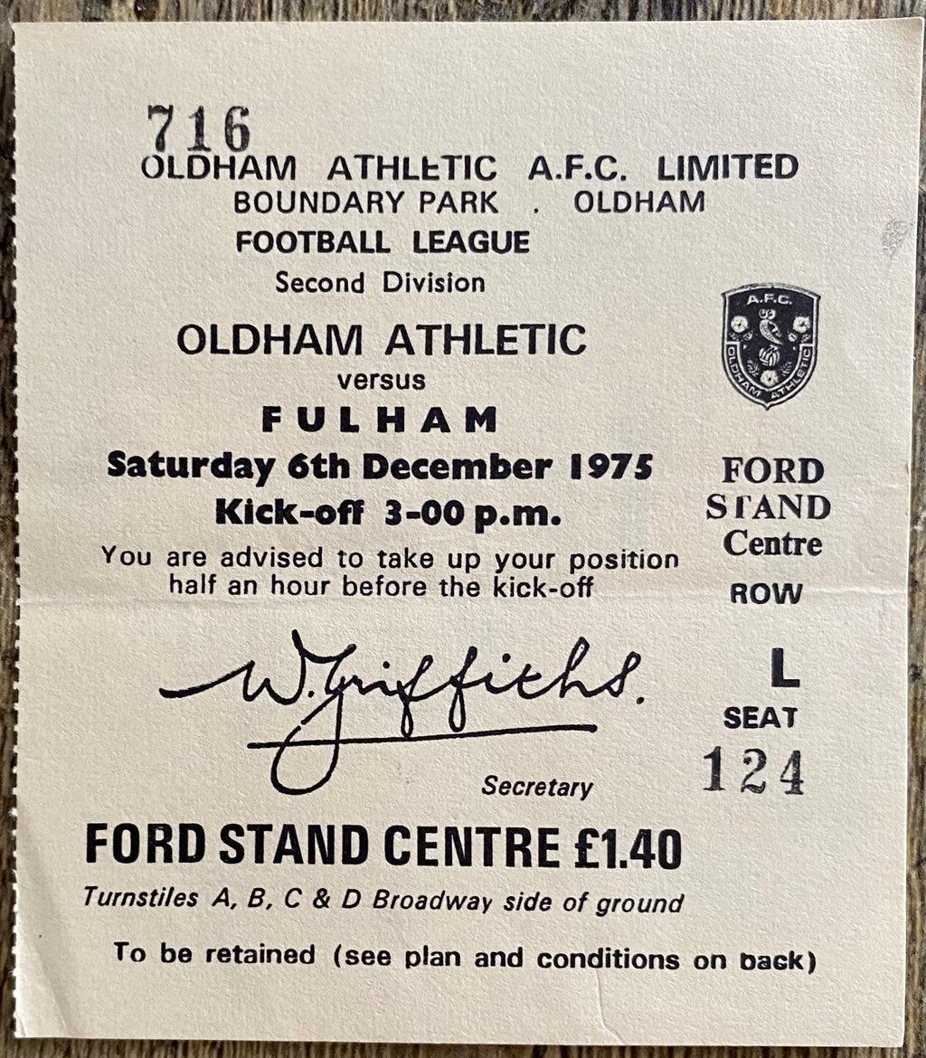 1975/76 ORIGINAL DIVISION 2 TICKET OLDHAM ATHLETIC V FULHAM