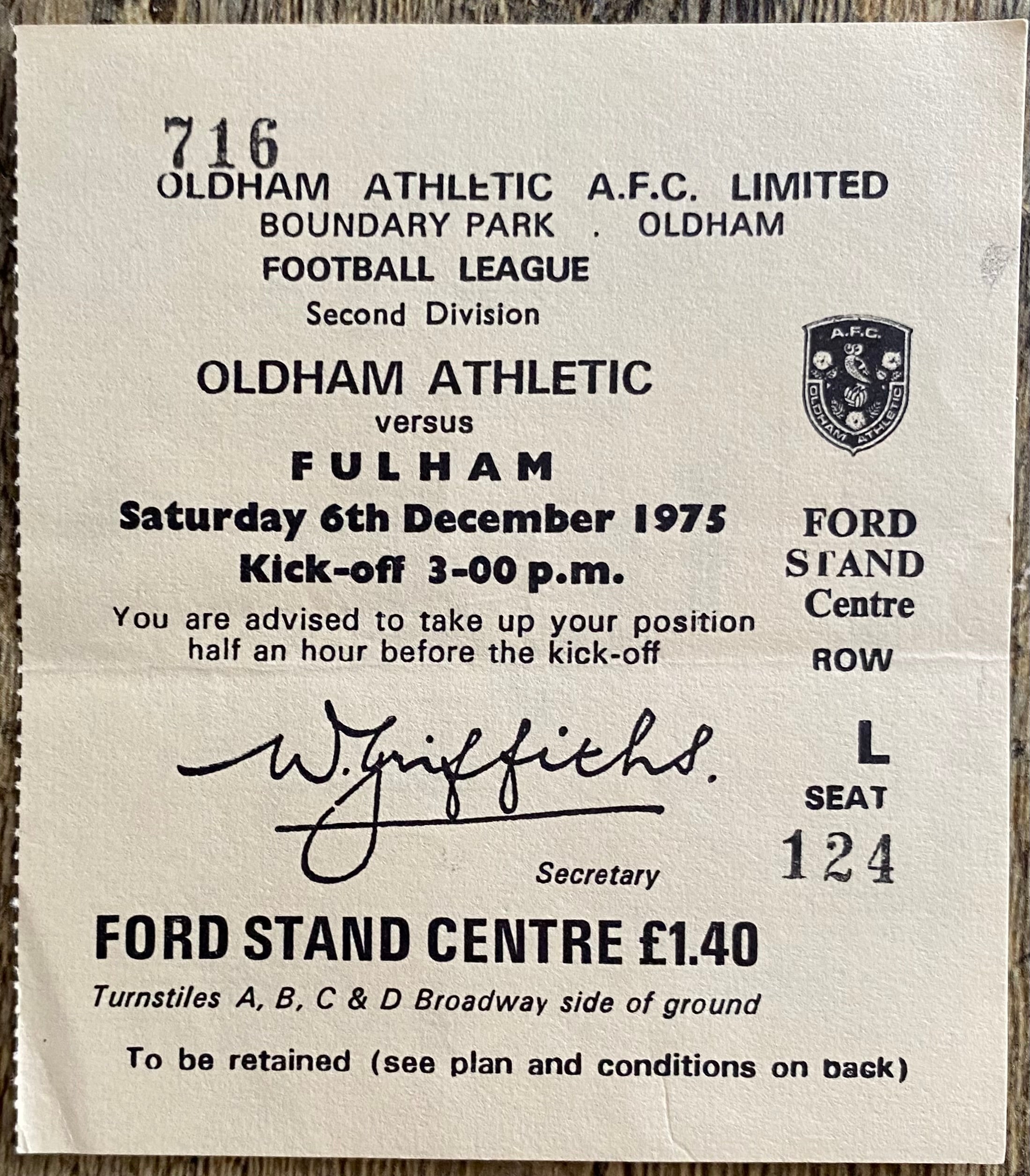 1975/76 ORIGINAL DIVISION 2 TICKET OLDHAM ATHLETIC V FULHAM