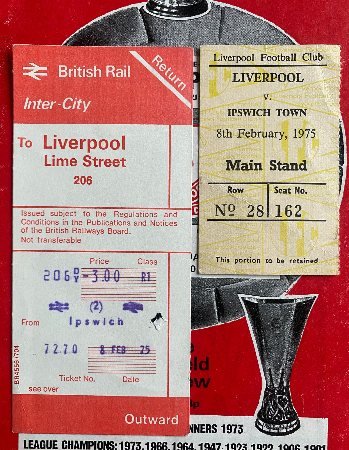 1974/75 ORIGINAL DIVISION ONE PROGRAMME, MATCH AND TRAIN TICKET LIVERPOOL V IPSWICH TOWN