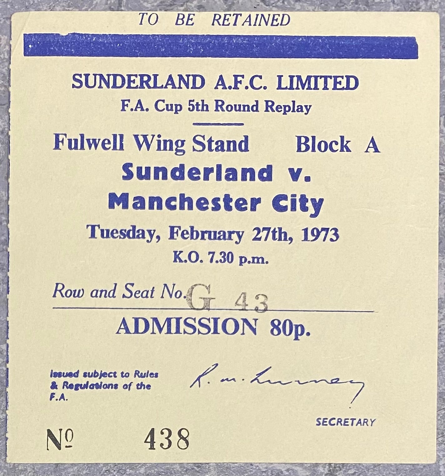 1972/73 ORIGINAL FA CUP 5TH ROUND REPLAY TICKET SUNDERLAND V MANCHESTER CITY
