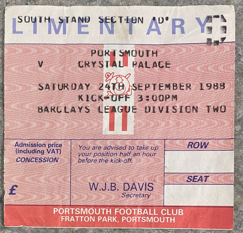 1988/89 ORIGINAL DIVISION 2 TICKET PORTSMOUTH V CRYSTAL PALACE