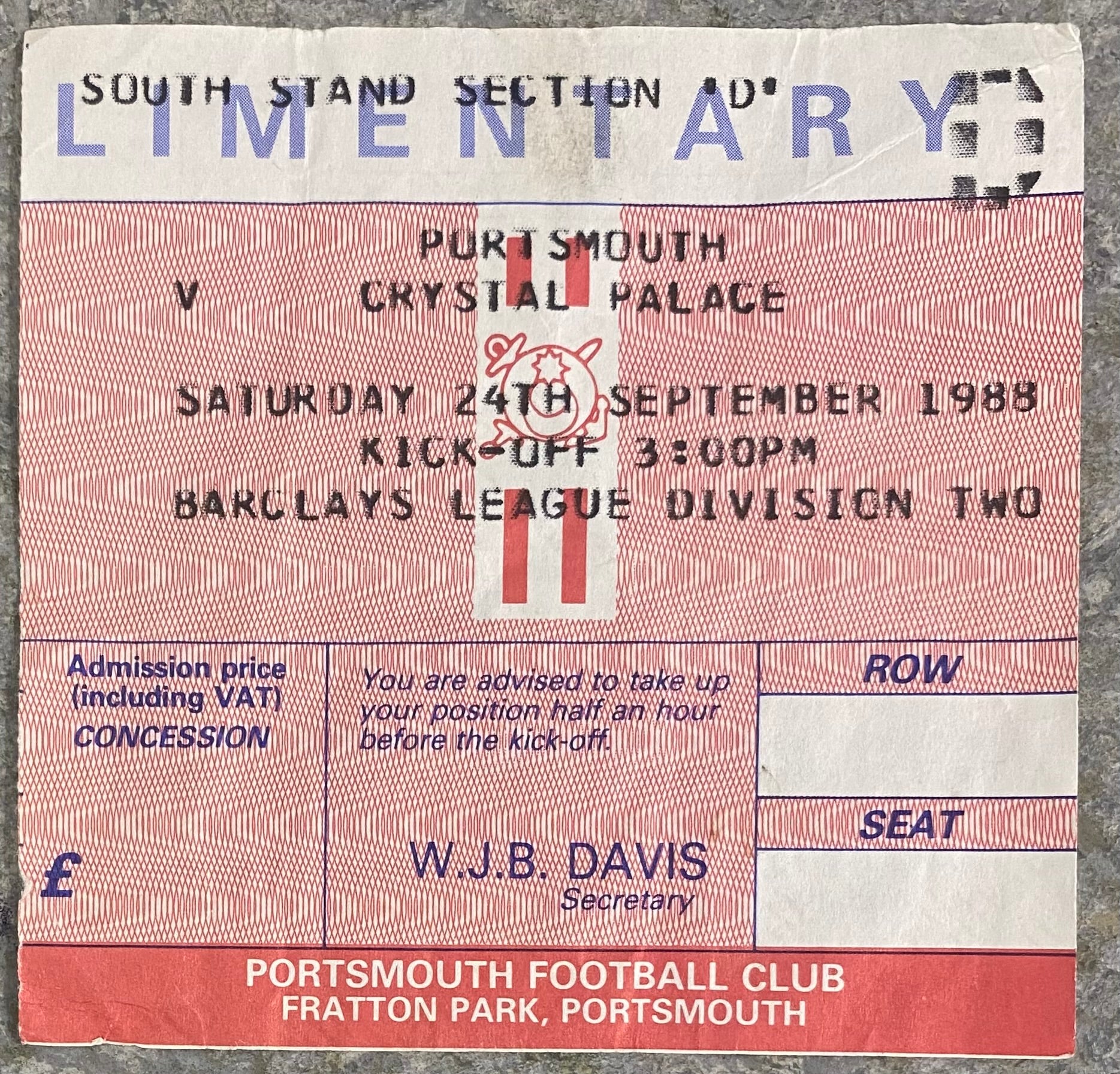 1988/89 ORIGINAL DIVISION 2 TICKET PORTSMOUTH V CRYSTAL PALACE